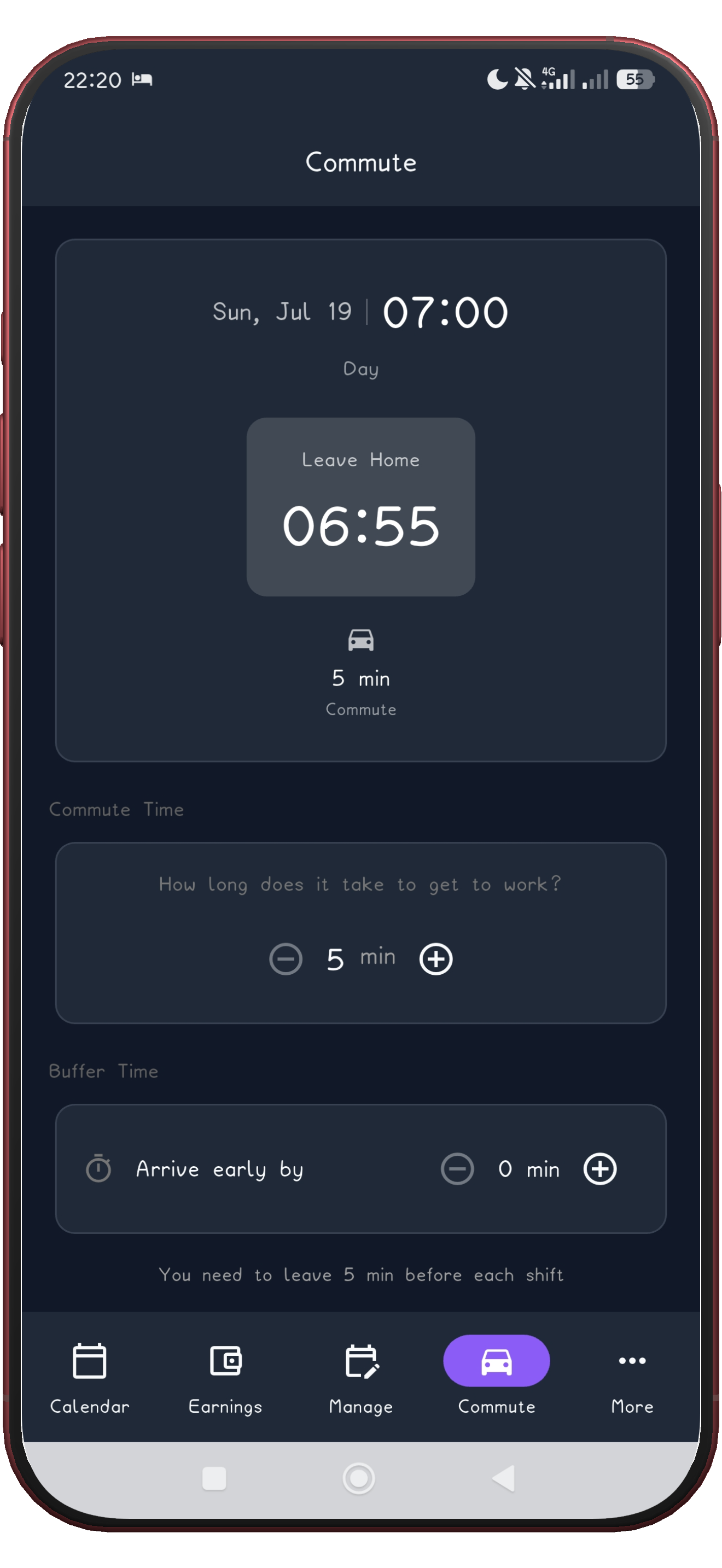 ShiftFlowr commute screen showing the calculated leave-home time
