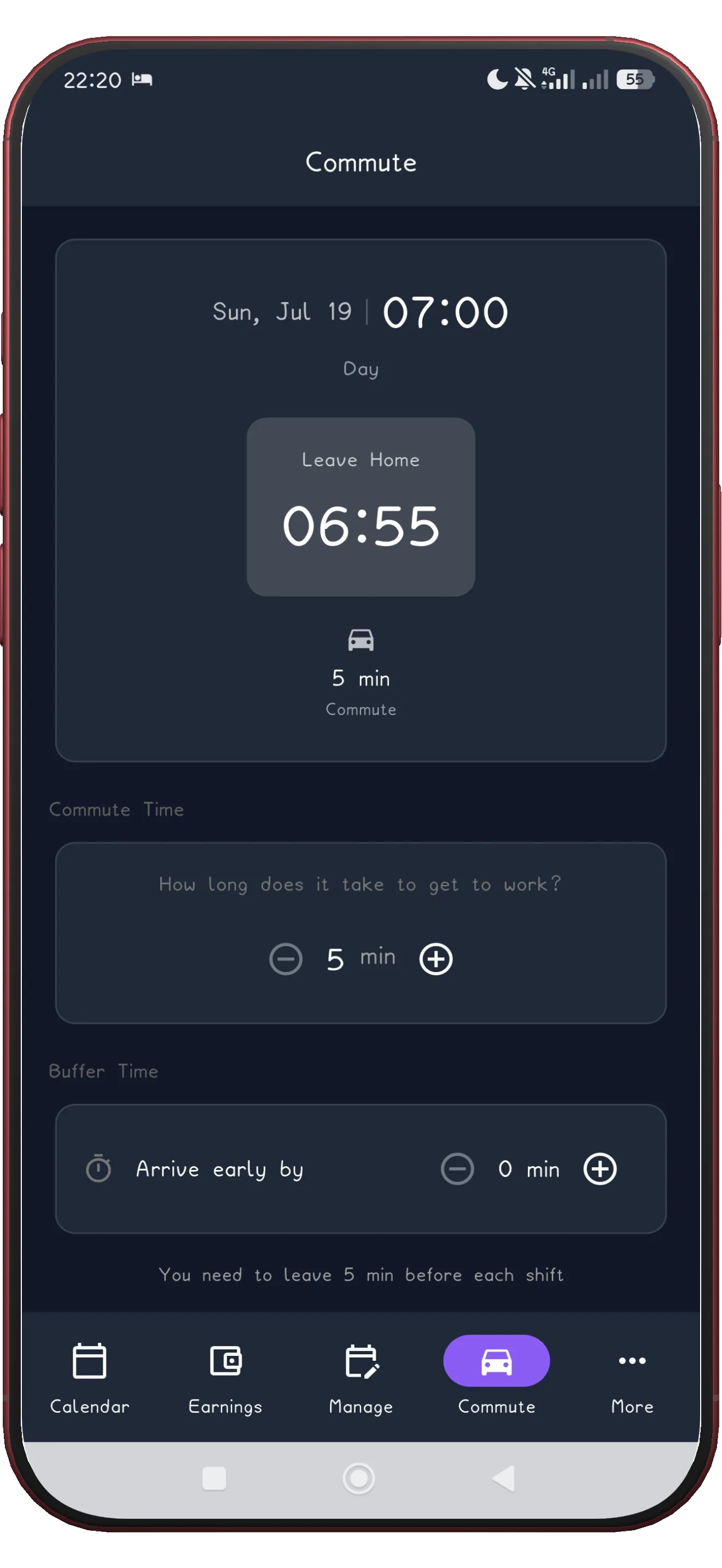 ShiftFlowr commute screen showing the calculated leave-home time
