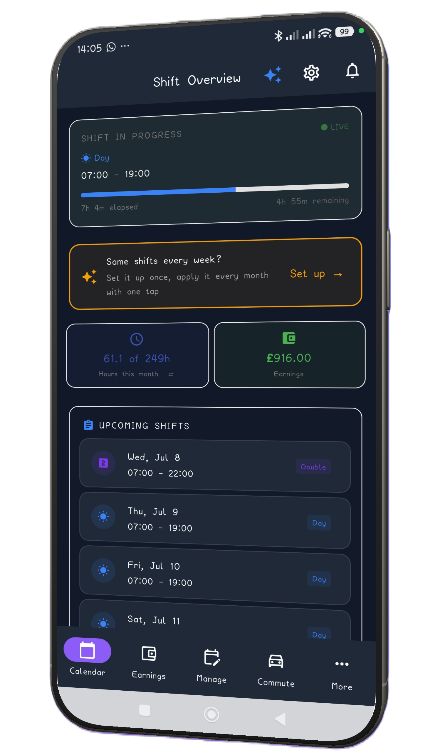 ShiftFlowr calendar showing upcoming shifts