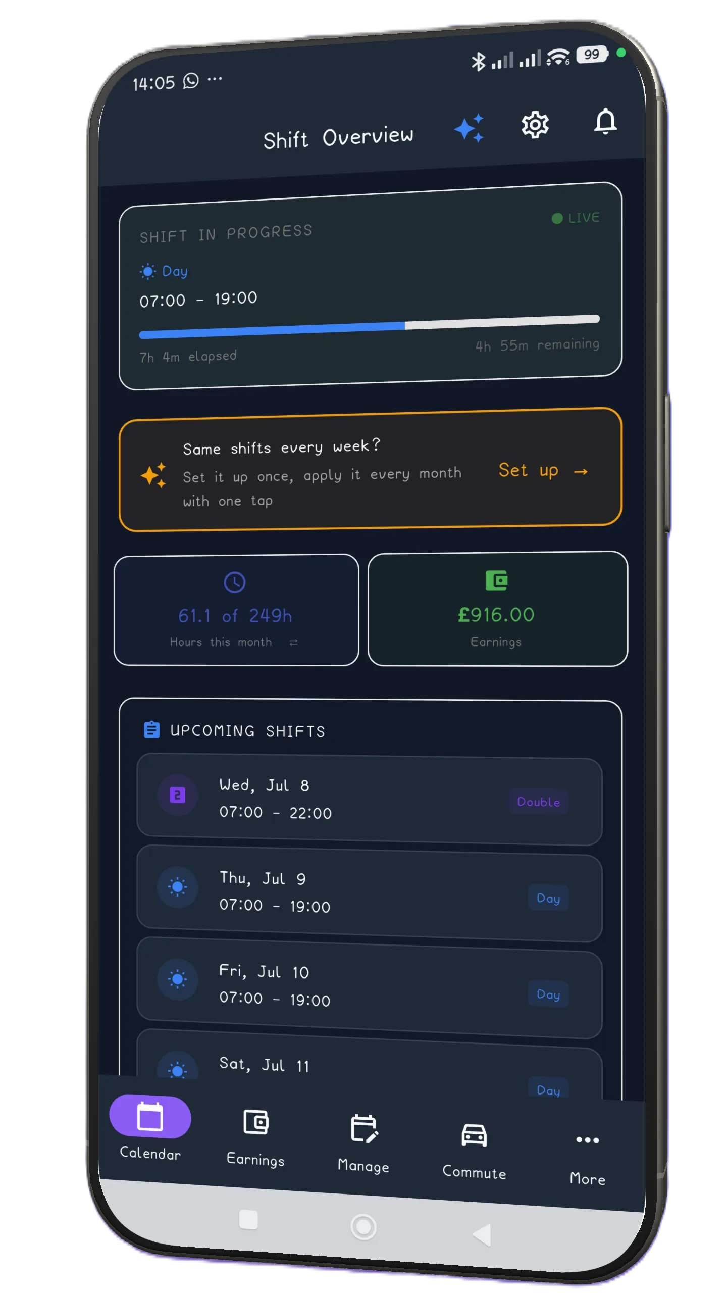 ShiftFlowr monthly calendar screen