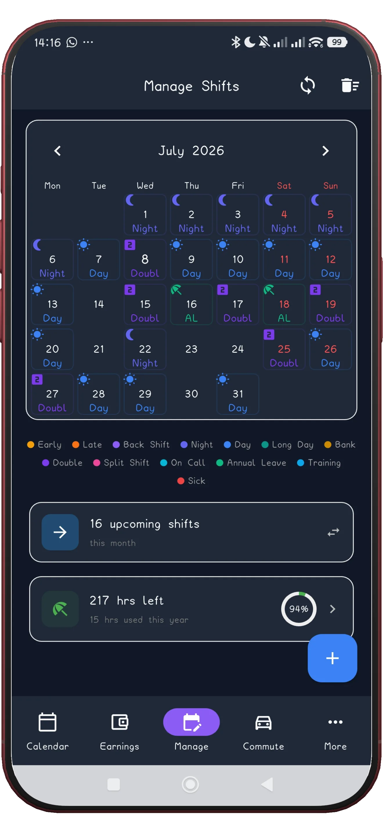 ShiftFlowr month calendar home screen