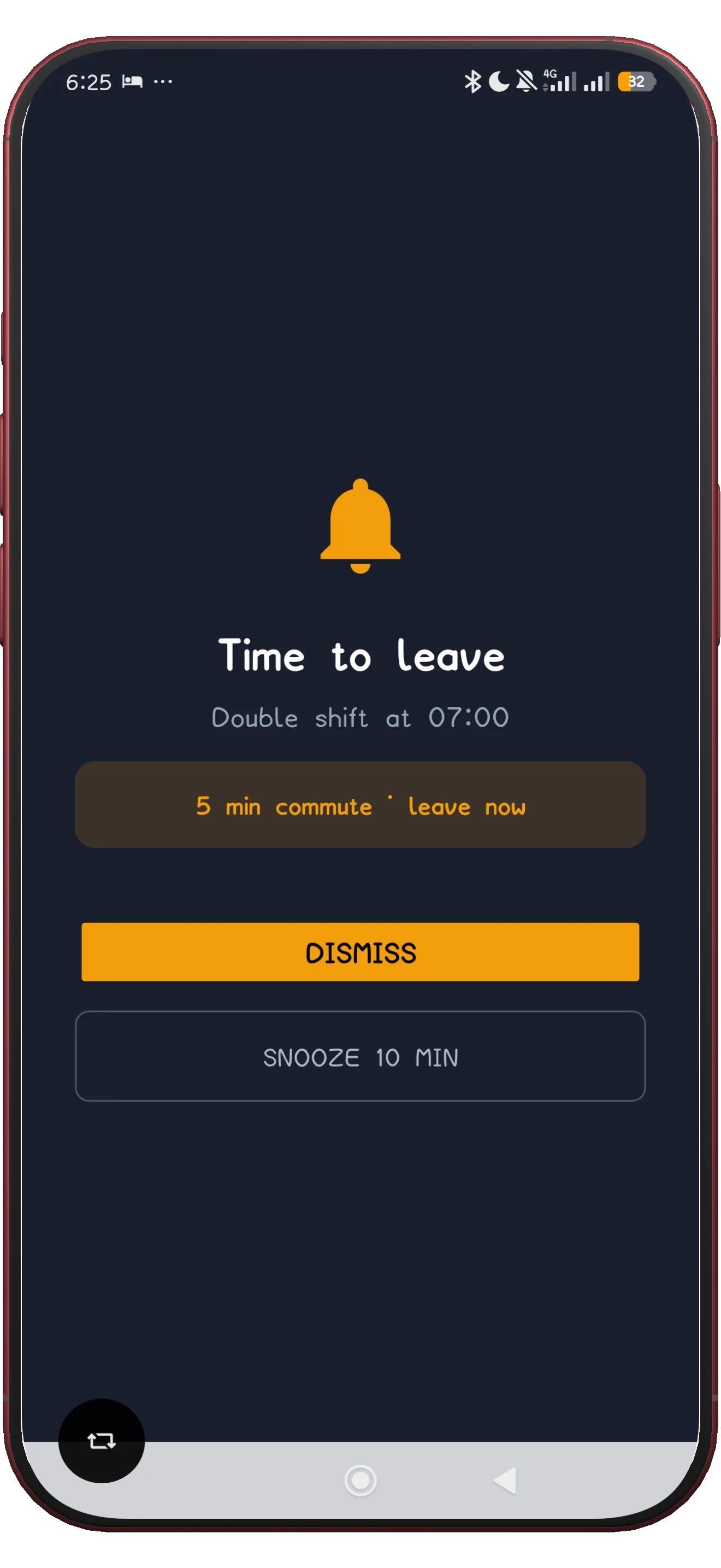 ShiftFlowr leave-for-work alarm screen