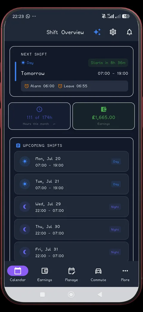 ShiftFlowr shift overview showing next shift with alarm and leave time