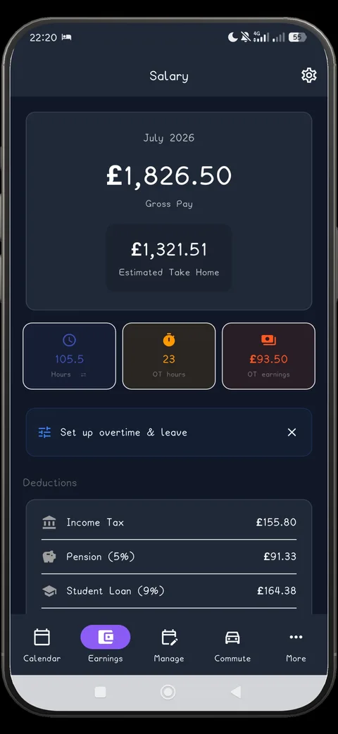 ShiftFlowr salary screen with gross pay and take-home estimate