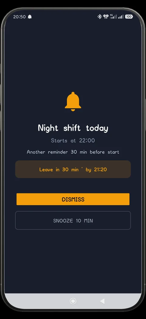 ShiftFlowr full-screen wake-up alarm for a night shift