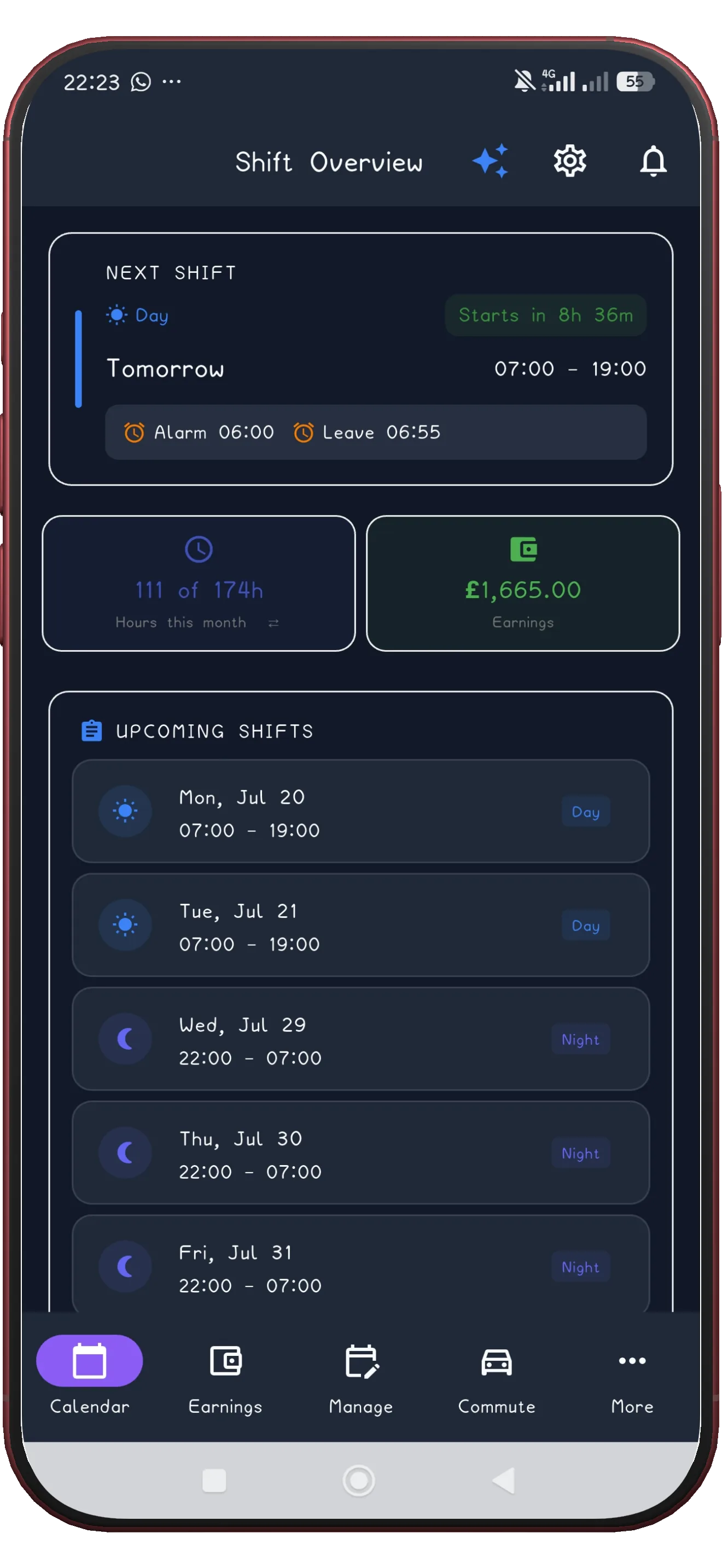 ShiftFlowr shift overview with the Continental schedule applied, showing the next shift with alarm 06:00 and leave-home time