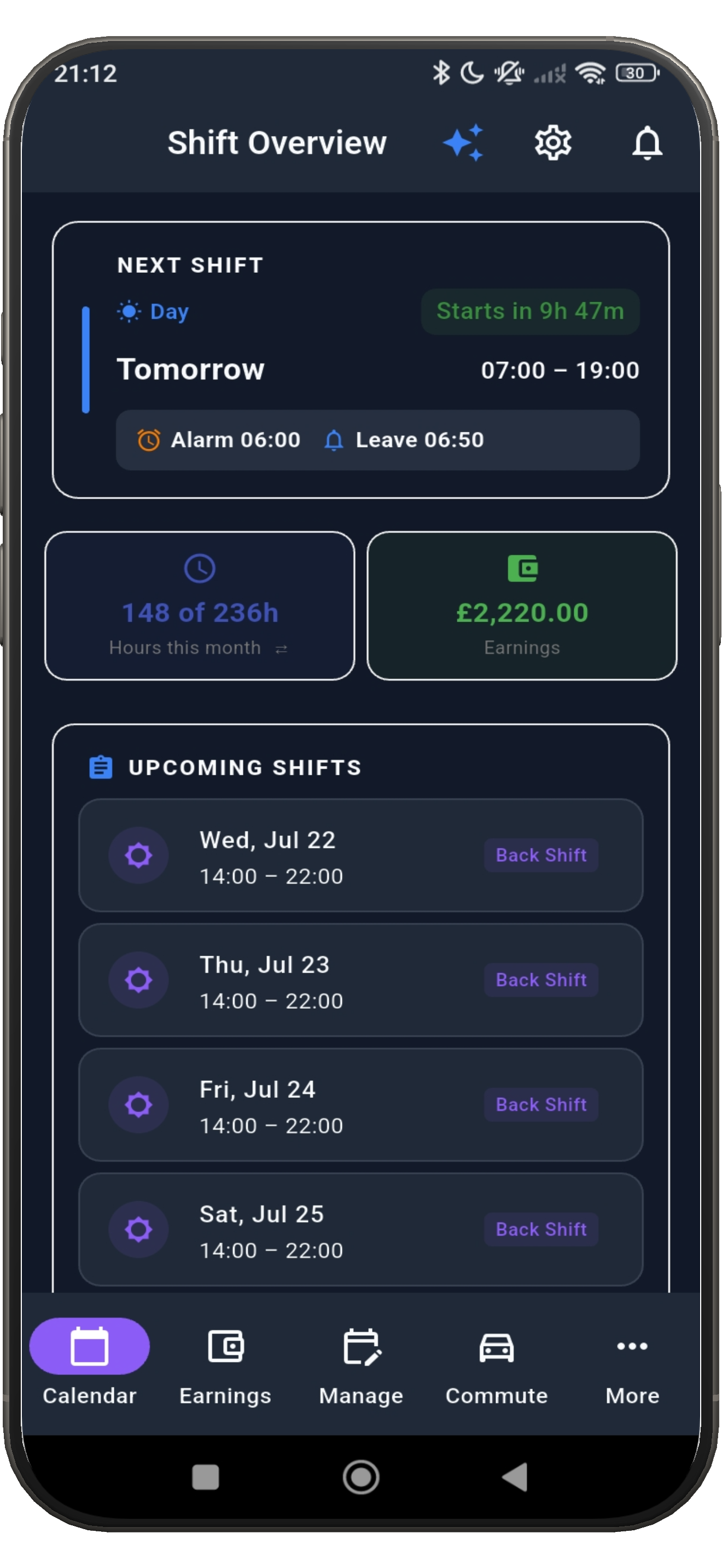 ShiftFlowr shift overview with next shift, alarm, leave time and upcoming shifts
