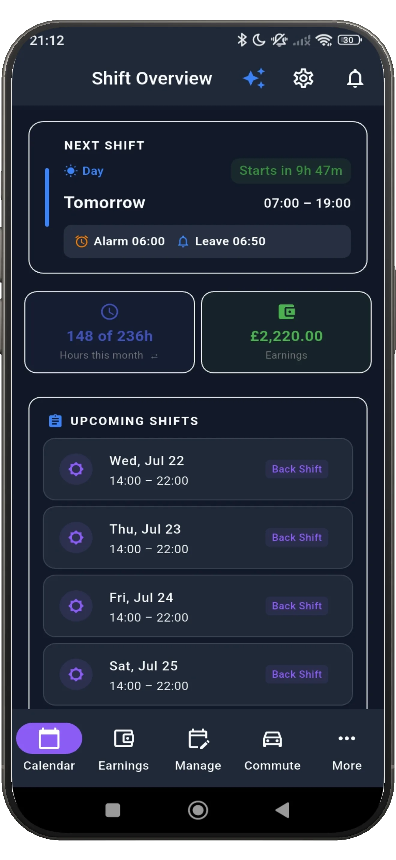 ShiftFlowr shift overview with next shift, alarm, leave time and upcoming shifts