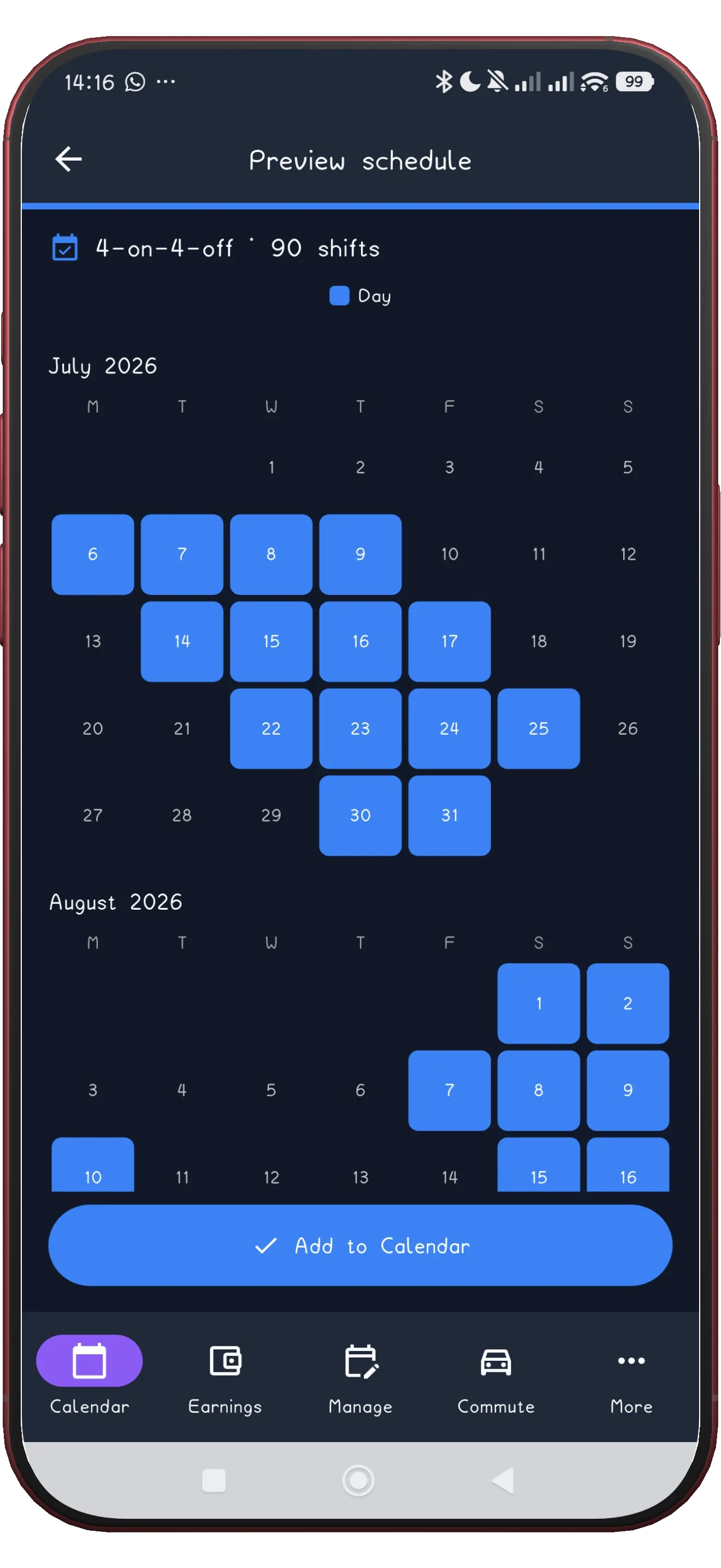 ShiftFlowr rotating pattern preview calendar