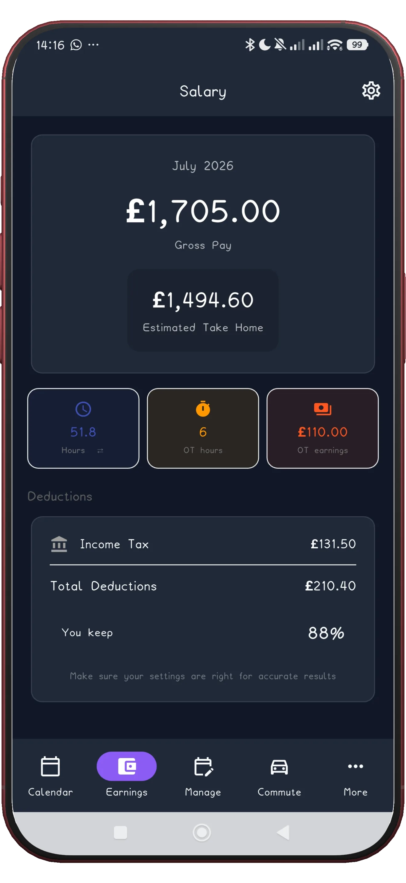 ShiftFlowr salary screen showing gross pay and estimated take-home