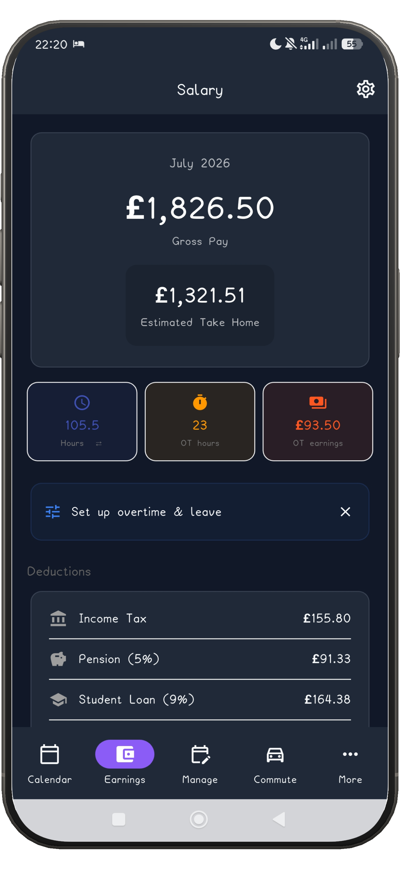 ShiftFlowr salary screen with gross pay, deductions and take-home estimate