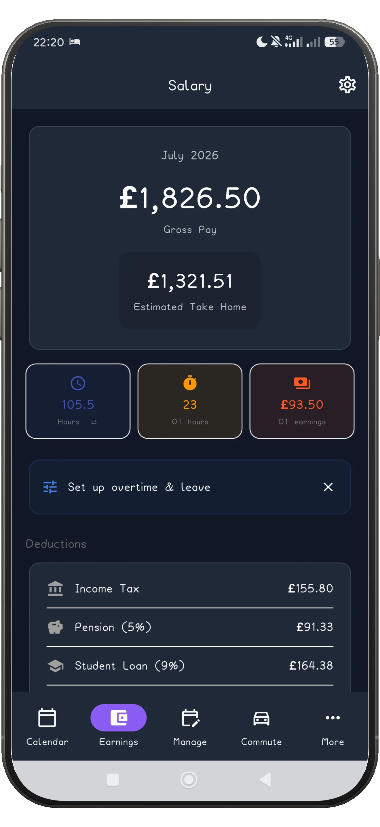 ShiftFlowr salary screen with gross pay, deductions and take-home estimate