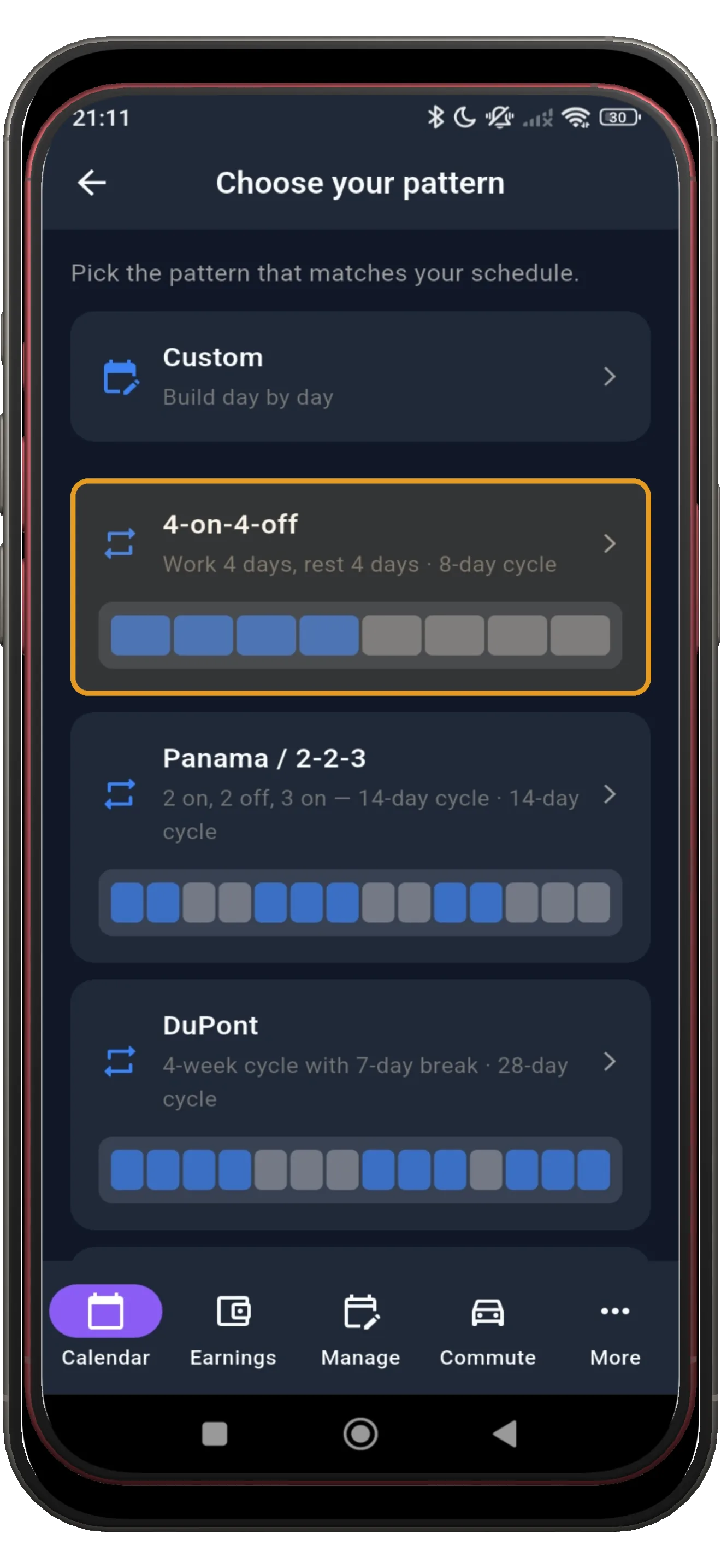 ShiftFlowr preset library with the 4-on-4-off pattern selected