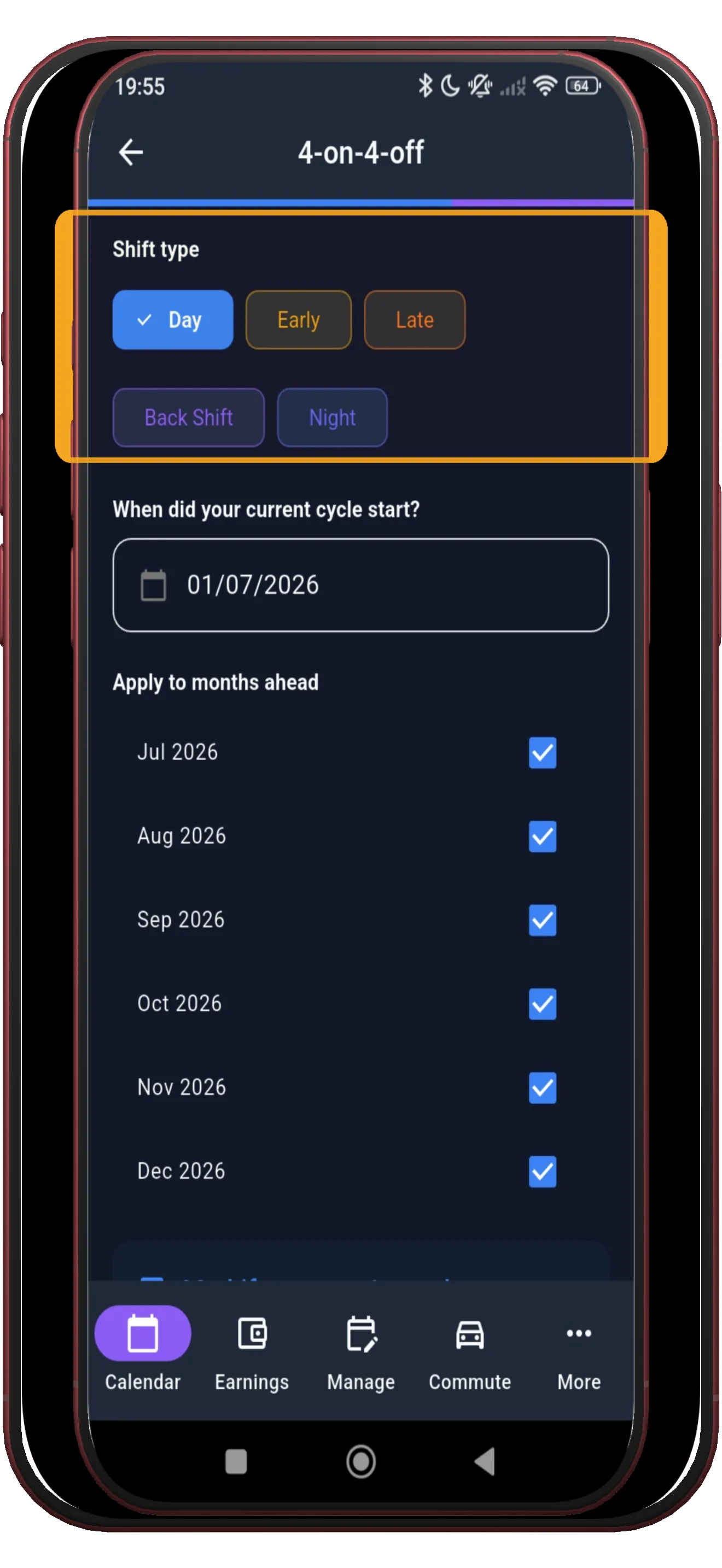 Configuring the 4-on-4-off pattern: shift type, times and anchor date with a cycle preview