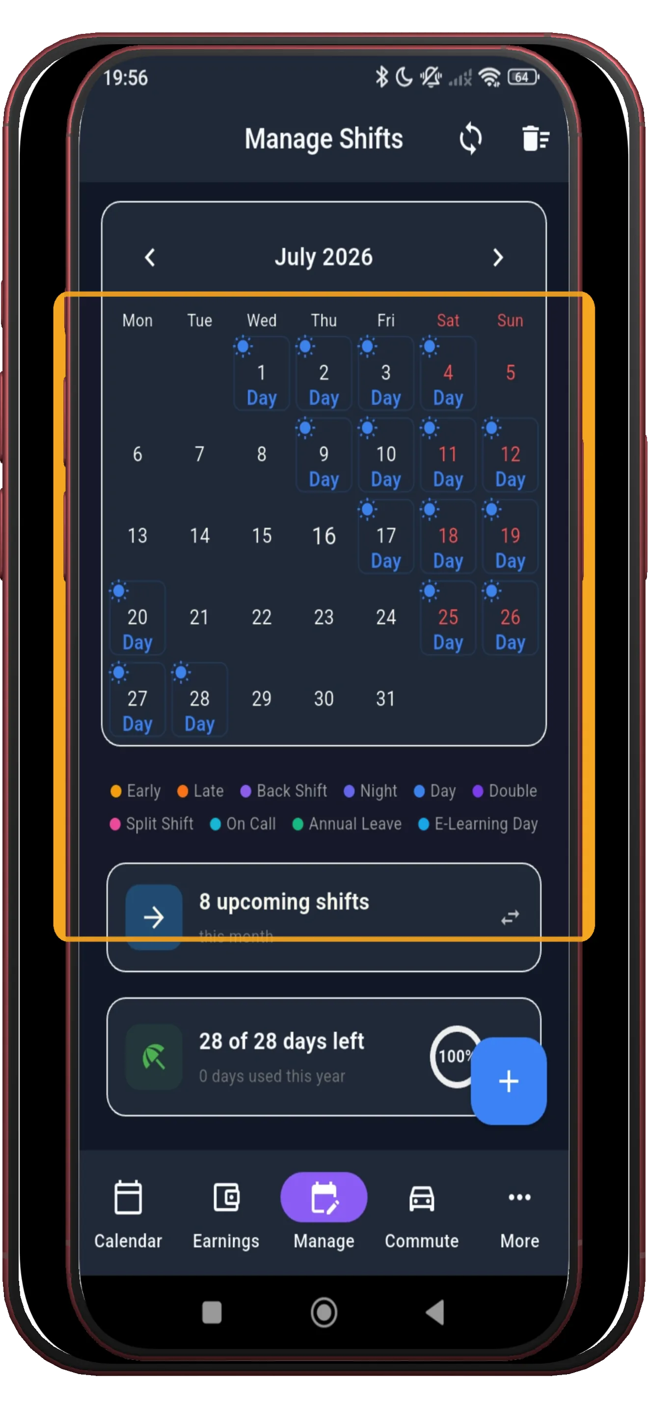 A month view filled with the applied 4-on-4-off shifts