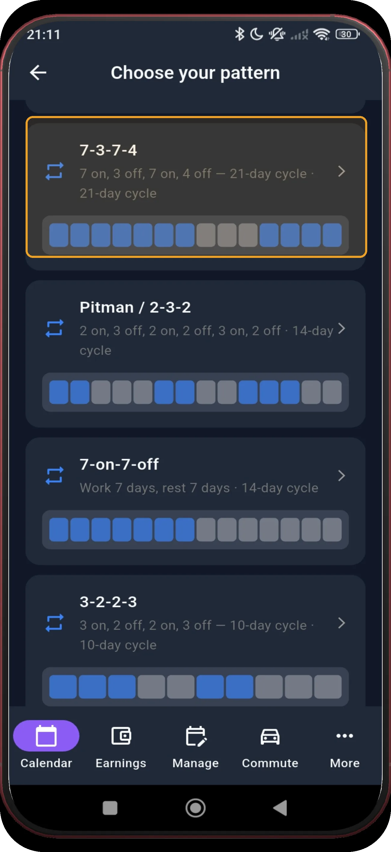 Pattern library with 7-3-7-4 highlighted