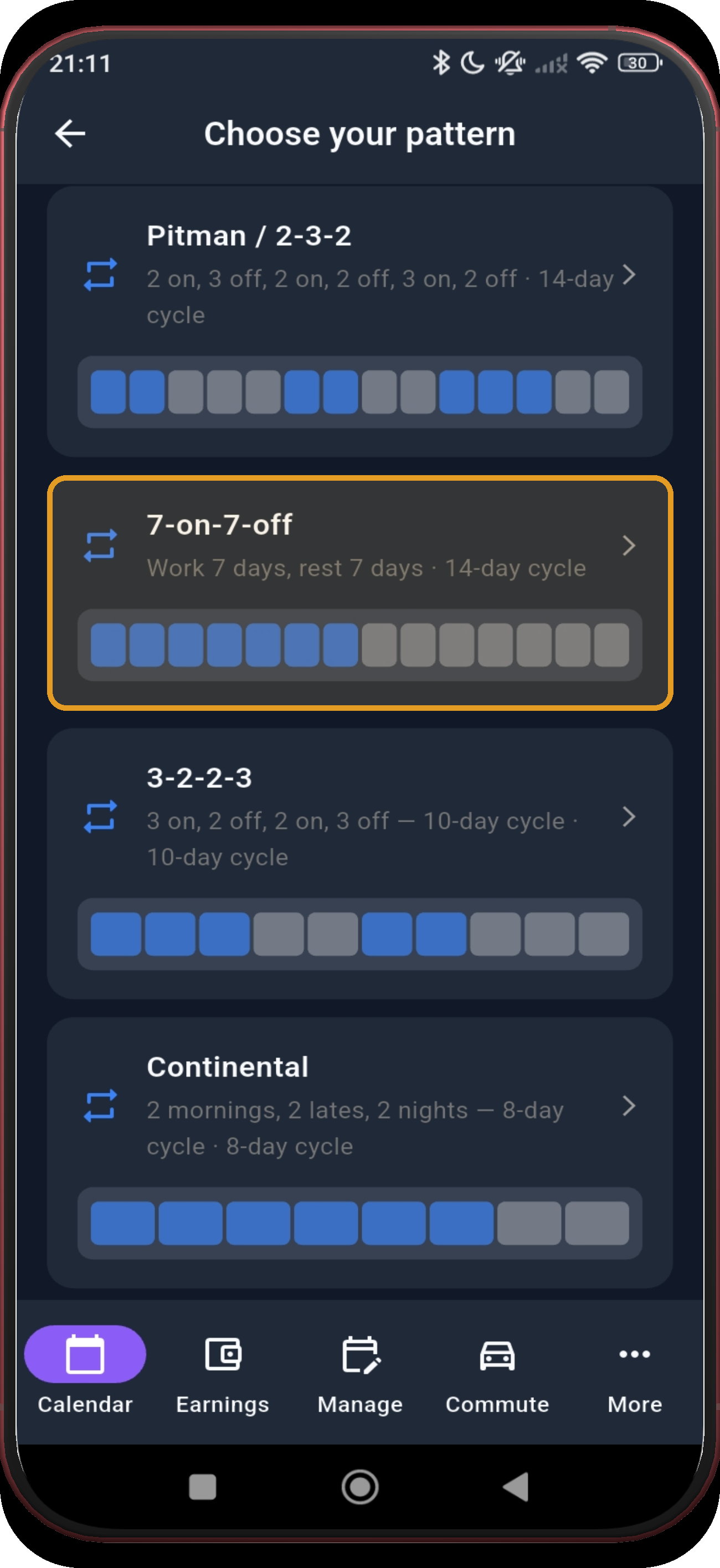 Pattern library with 7-on-7-off highlighted