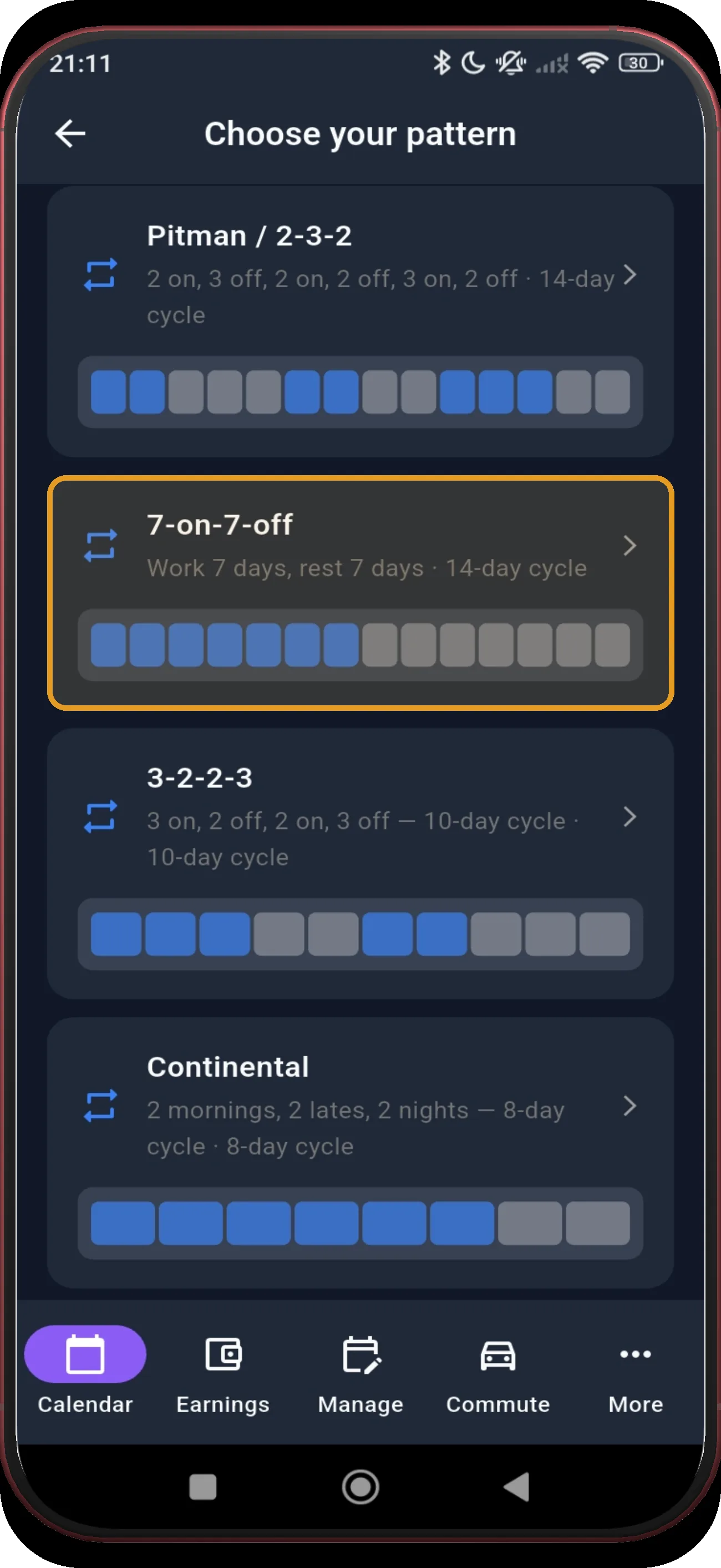 Pattern library with 7-on-7-off highlighted