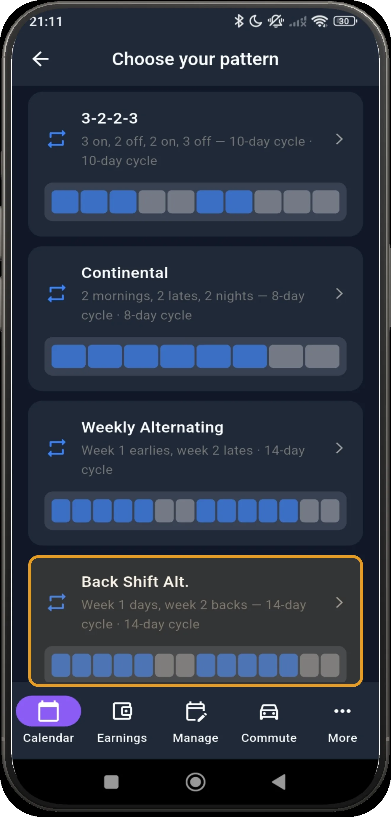 Pattern library with Back Shift Alternating highlighted