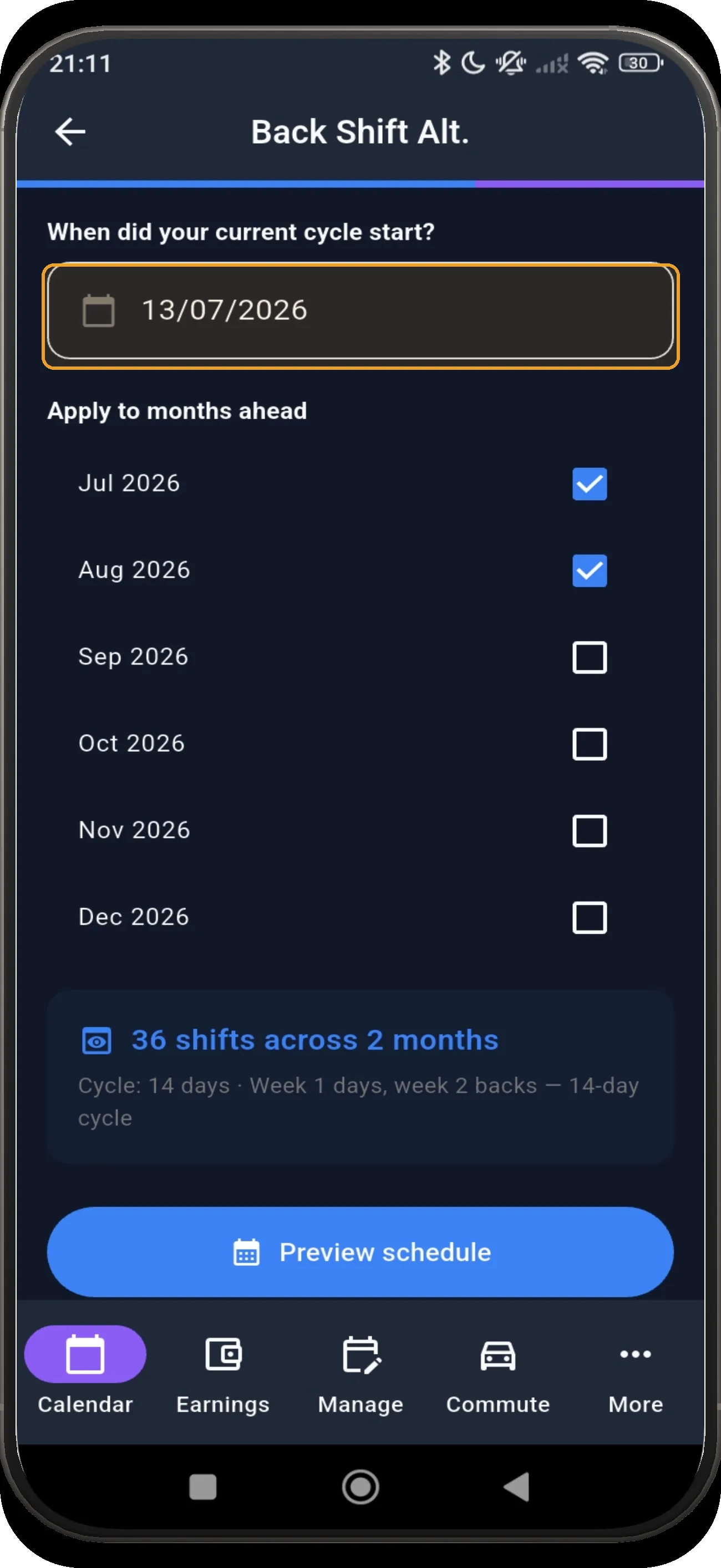 Back Shift Alternating setup with the cycle date field highlighted