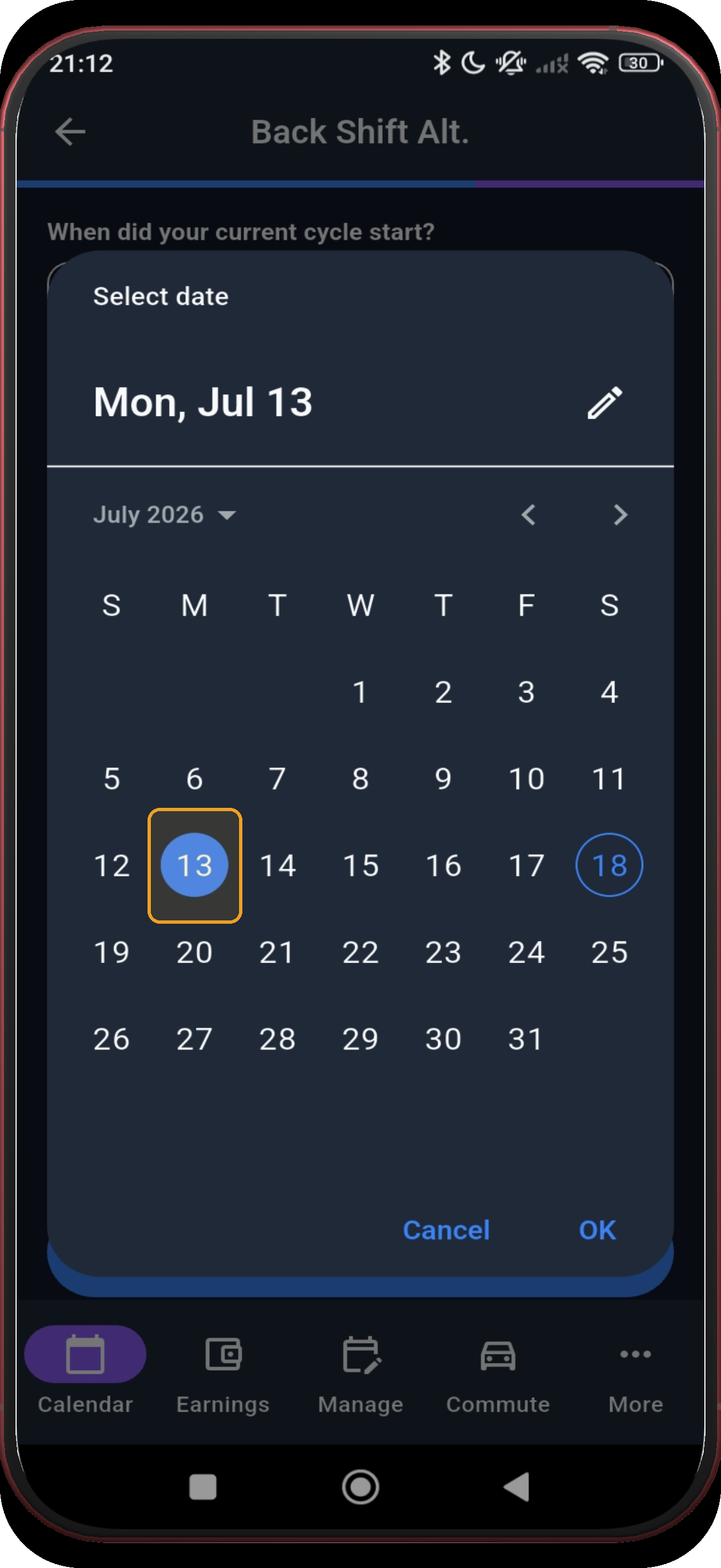 Date picker with the selected cycle-start date highlighted