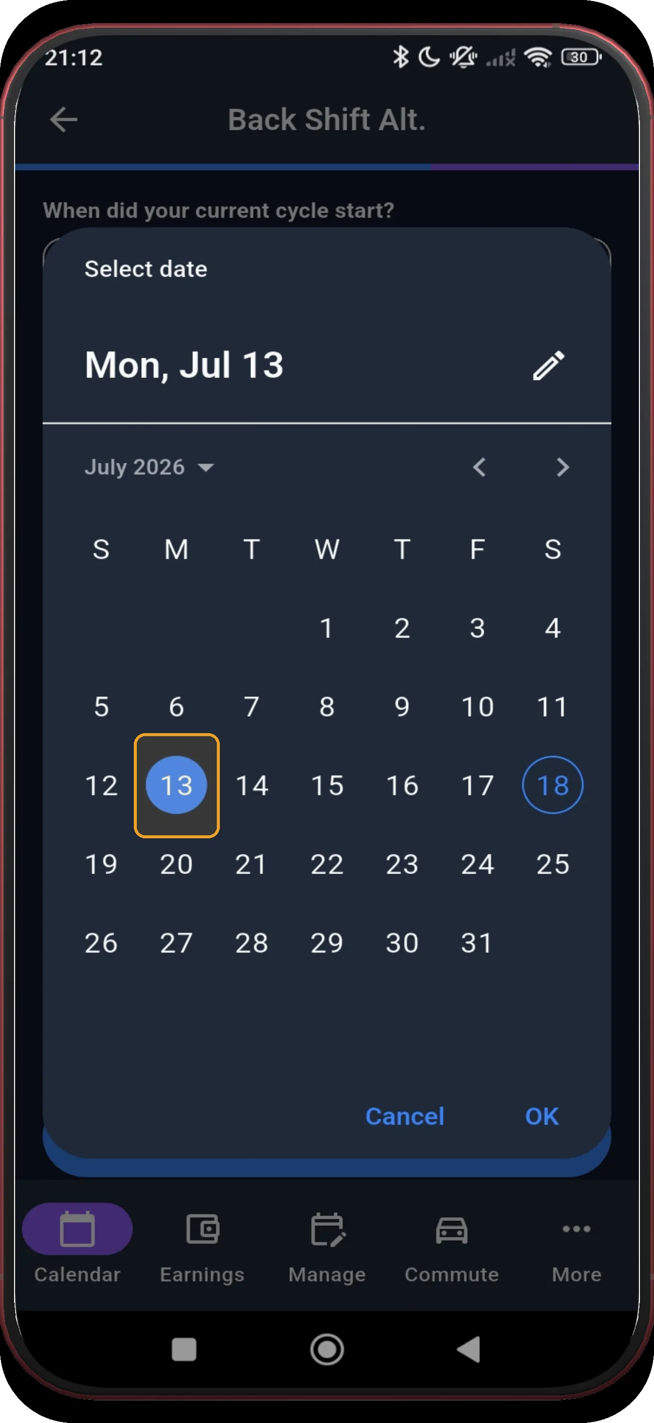Date picker with the selected cycle-start date highlighted