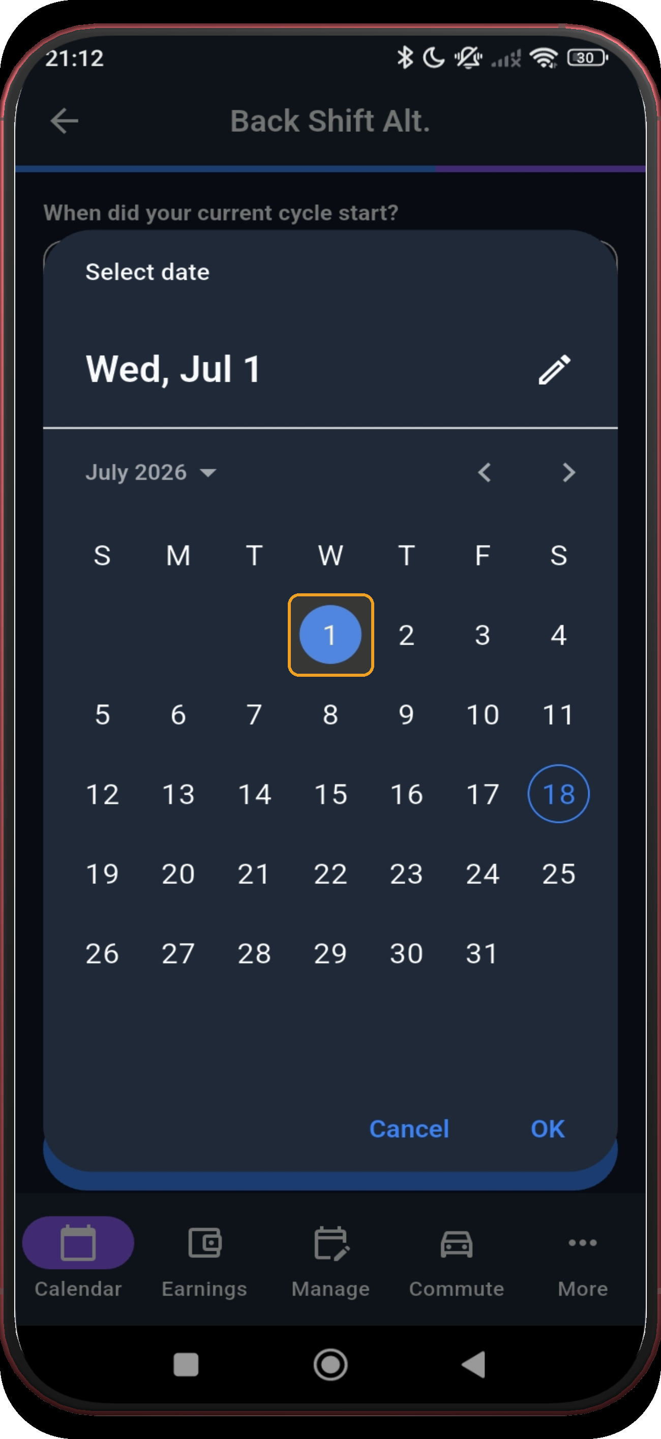 Date picker confirmation state with the selected date highlighted