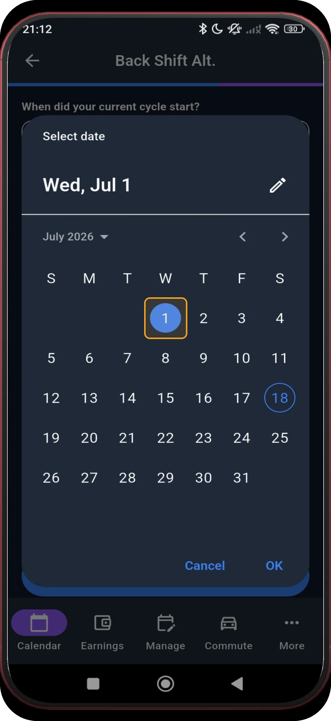 Date picker confirmation state with the selected date highlighted
