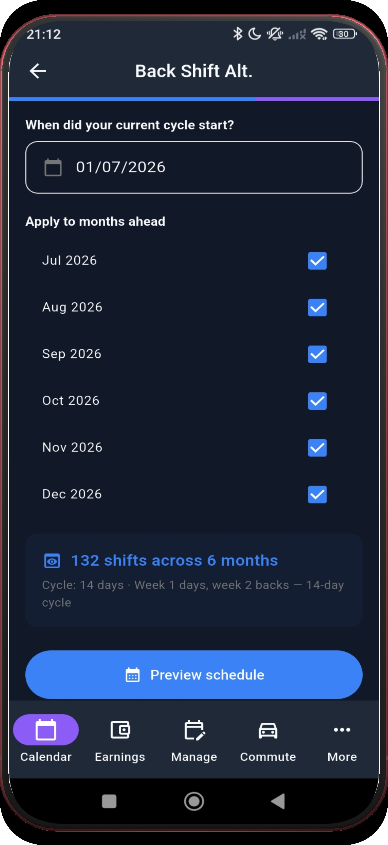 Back Shift Alternating setup with the month checkboxes highlighted