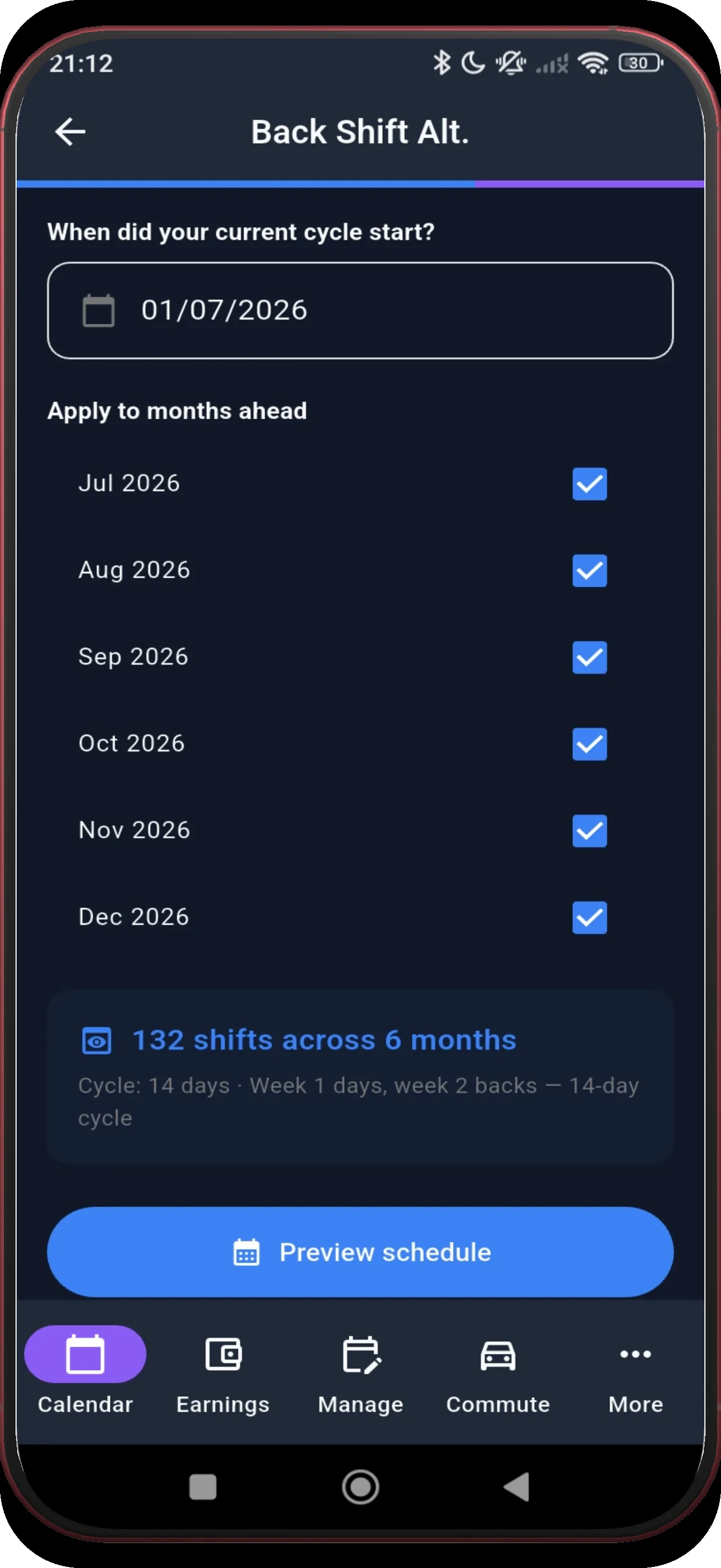 Back Shift Alternating setup with the month checkboxes highlighted