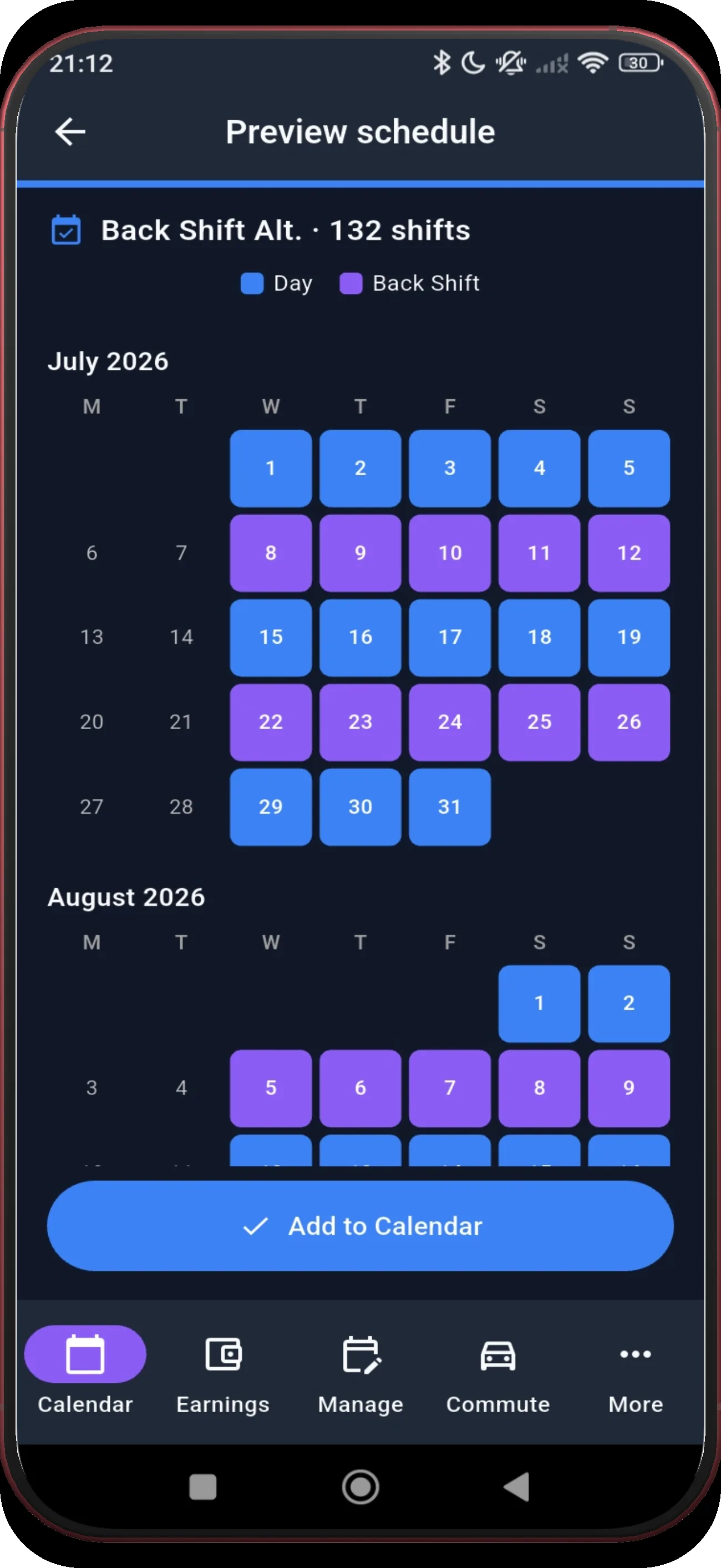 Preview schedule with the Add to Calendar action highlighted