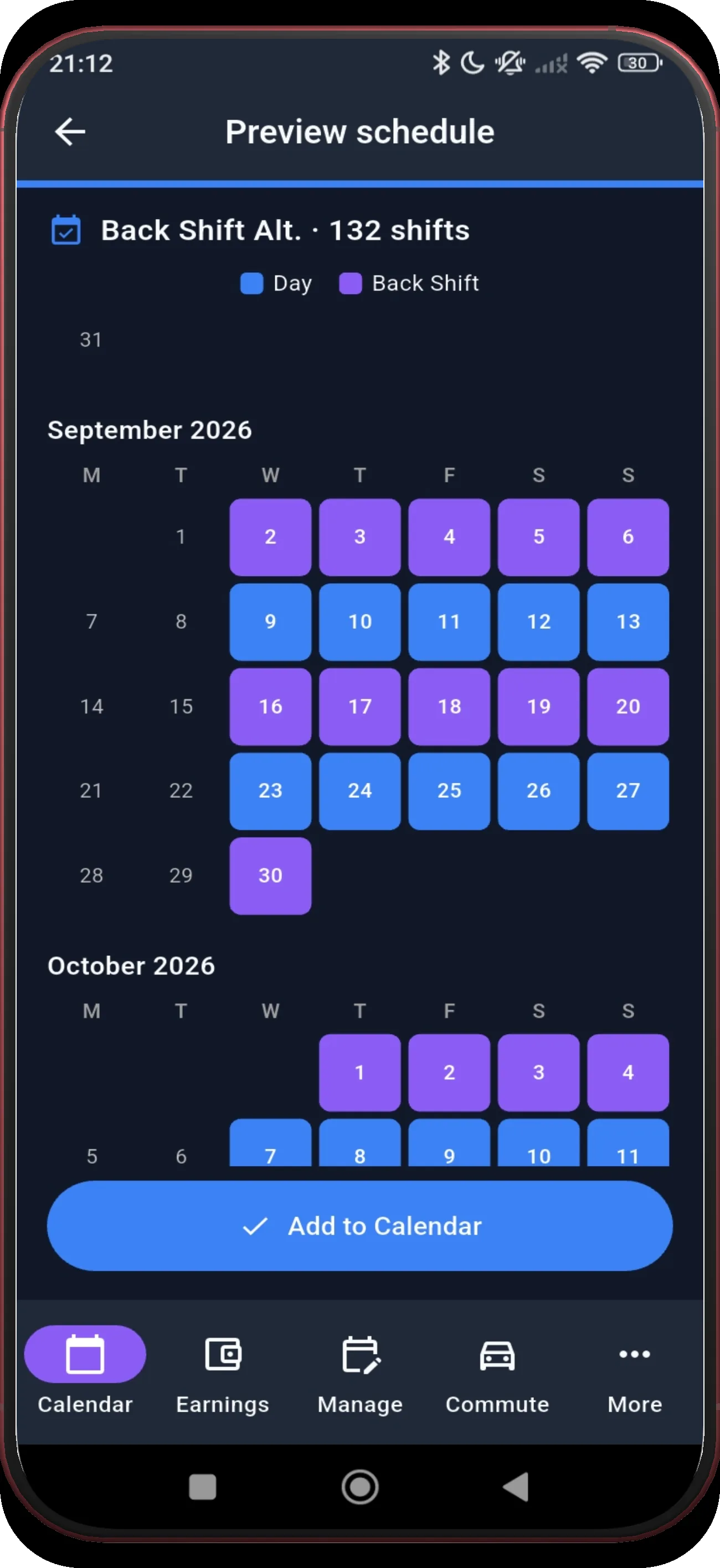 Preview schedule showing the next generated month