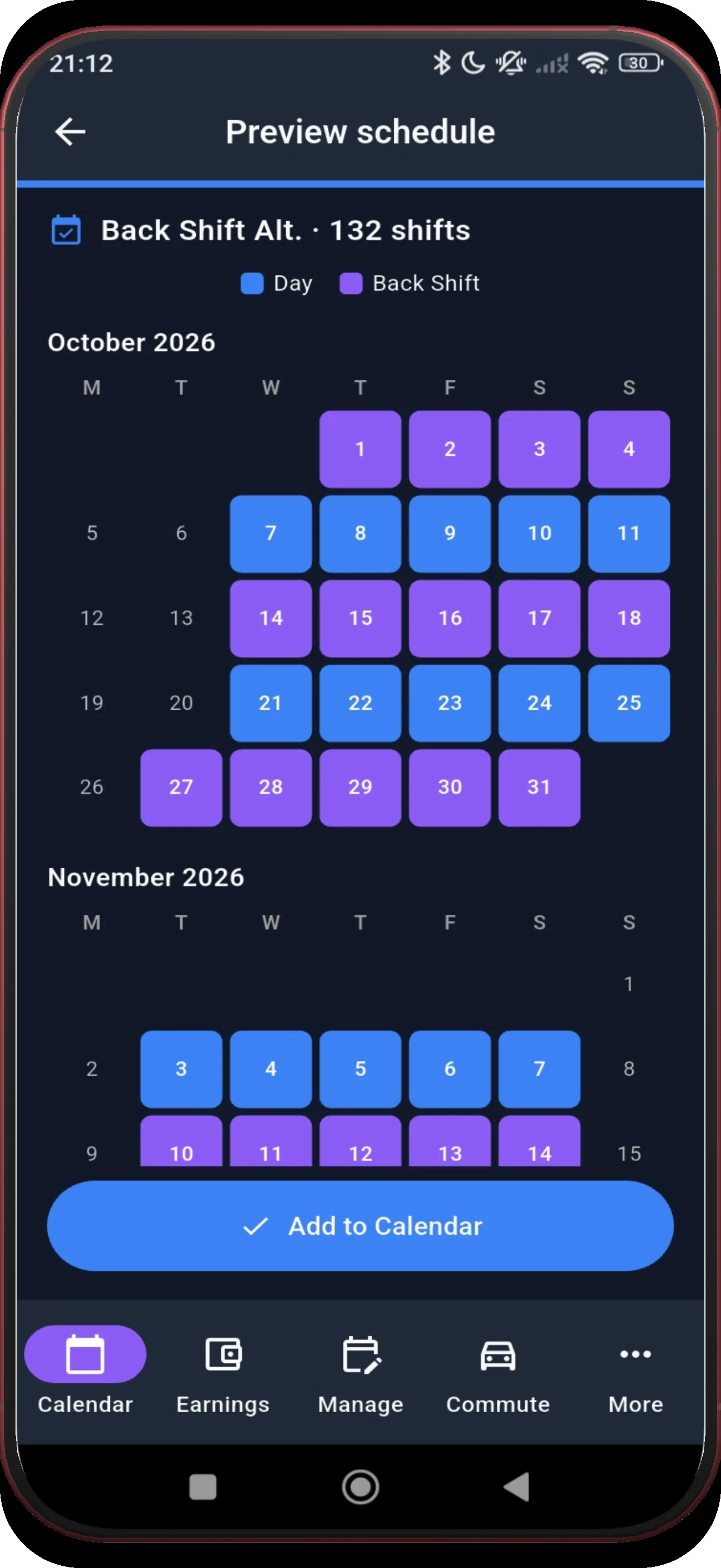 Preview schedule showing the middle generated month