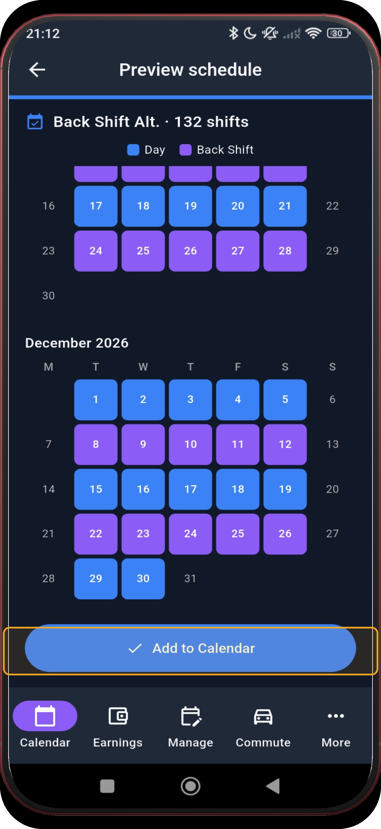 Preview schedule with the final Add to Calendar action highlighted