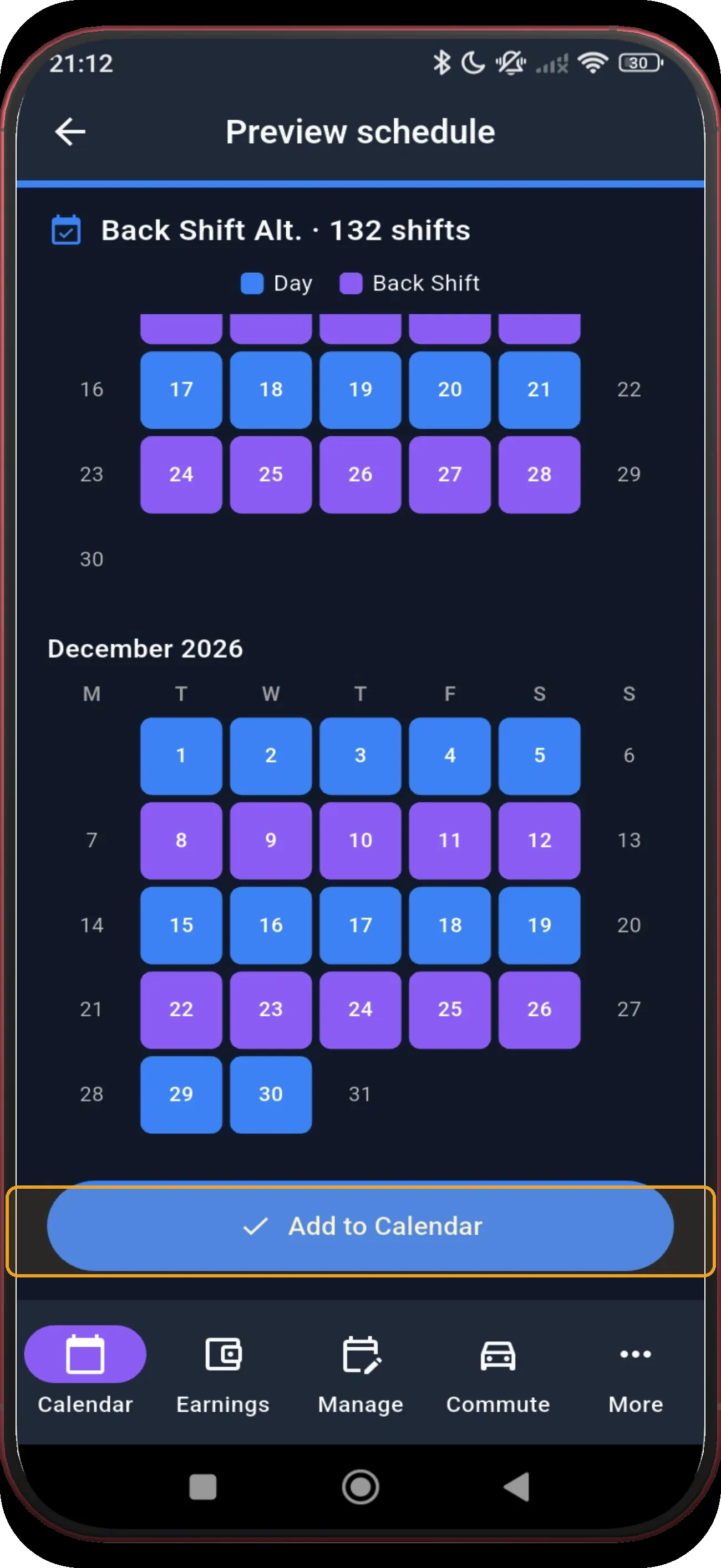 Preview schedule with the final Add to Calendar action highlighted