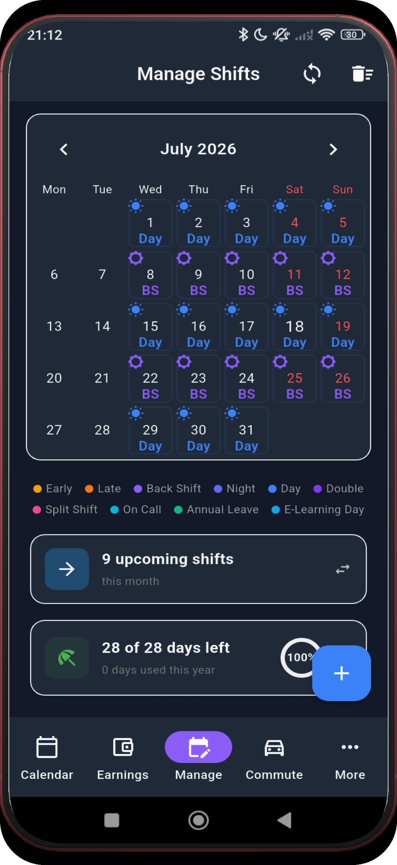 Manage Shifts with the populated calendar highlighted