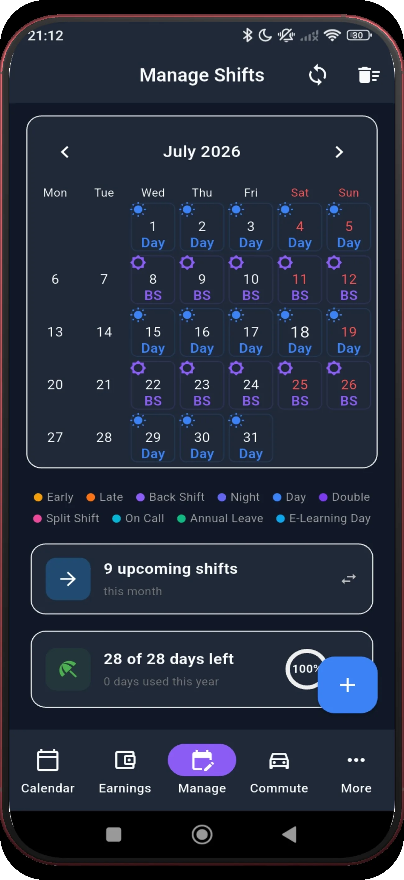 Manage Shifts with the populated calendar highlighted