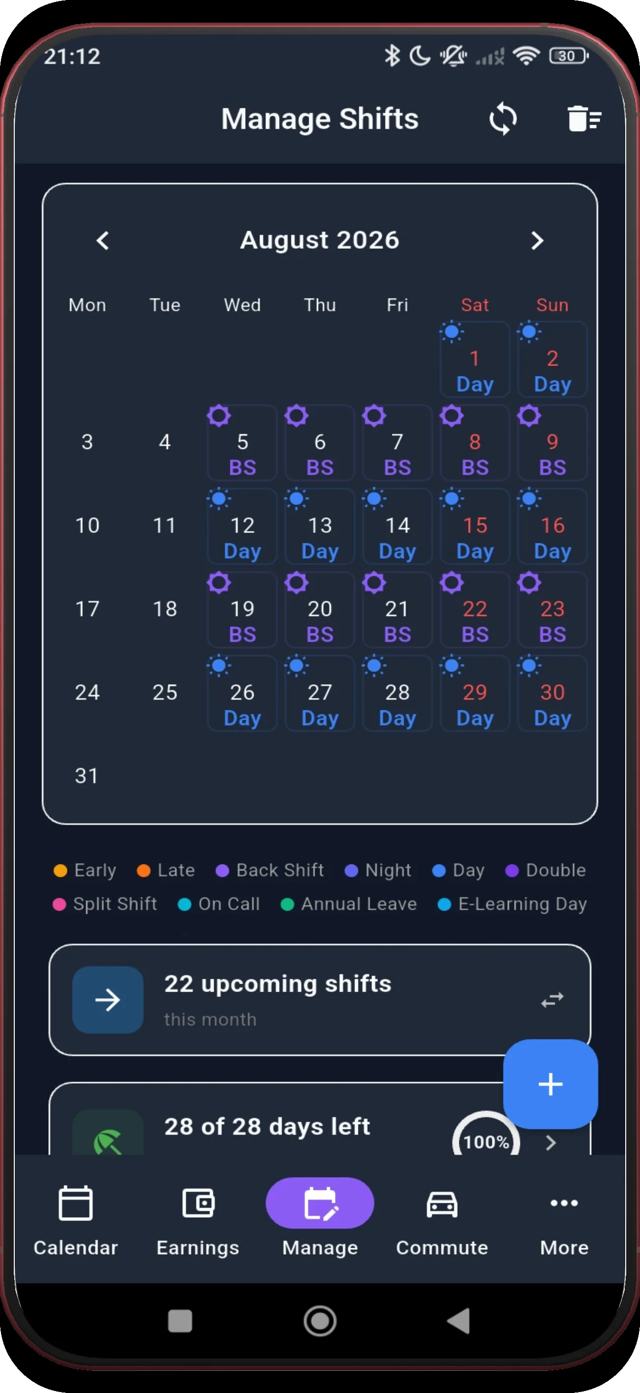 Manage Shifts showing the next populated month