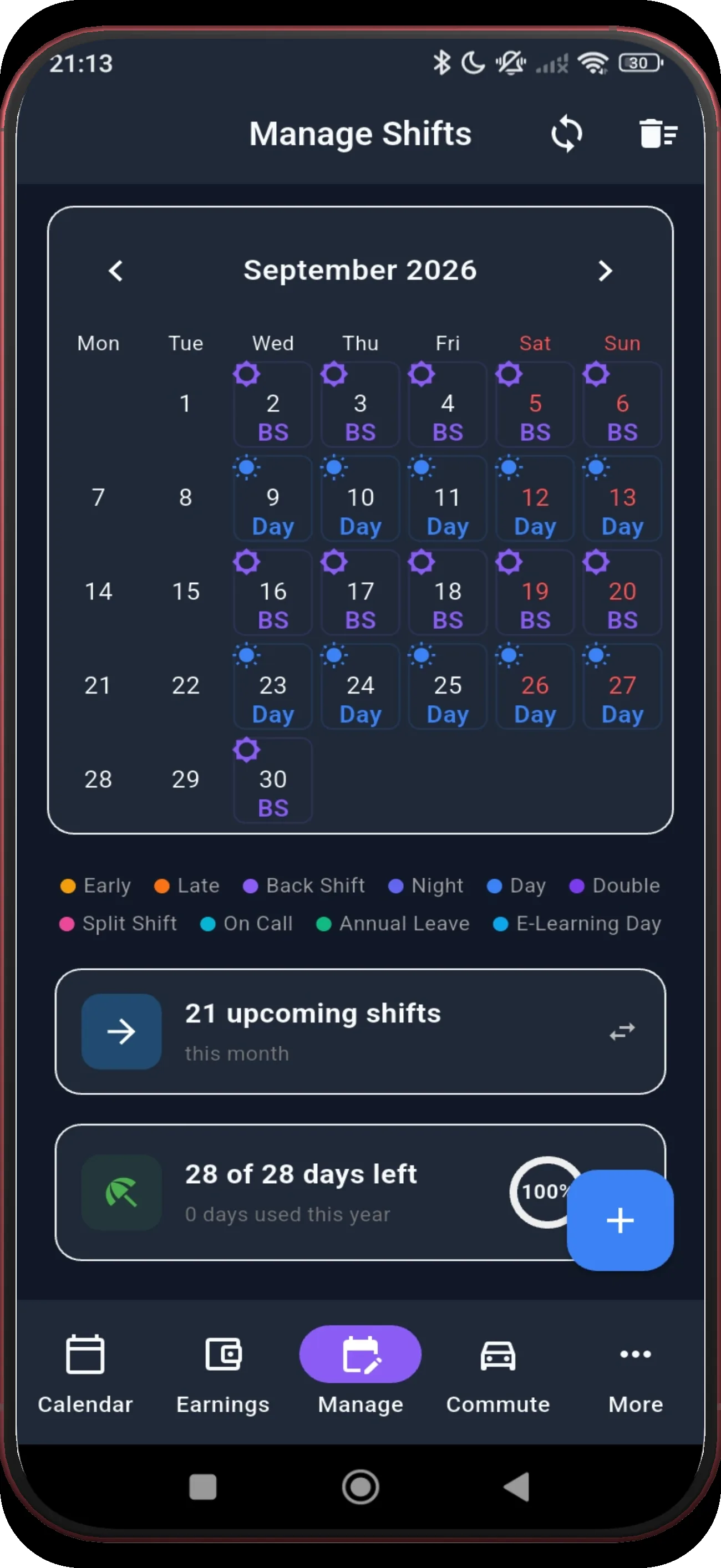 Manage Shifts showing the third populated month