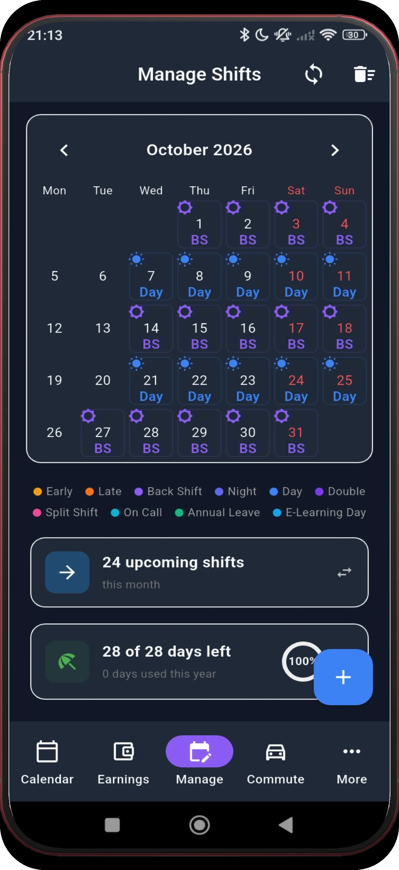 Manage Shifts showing another populated month