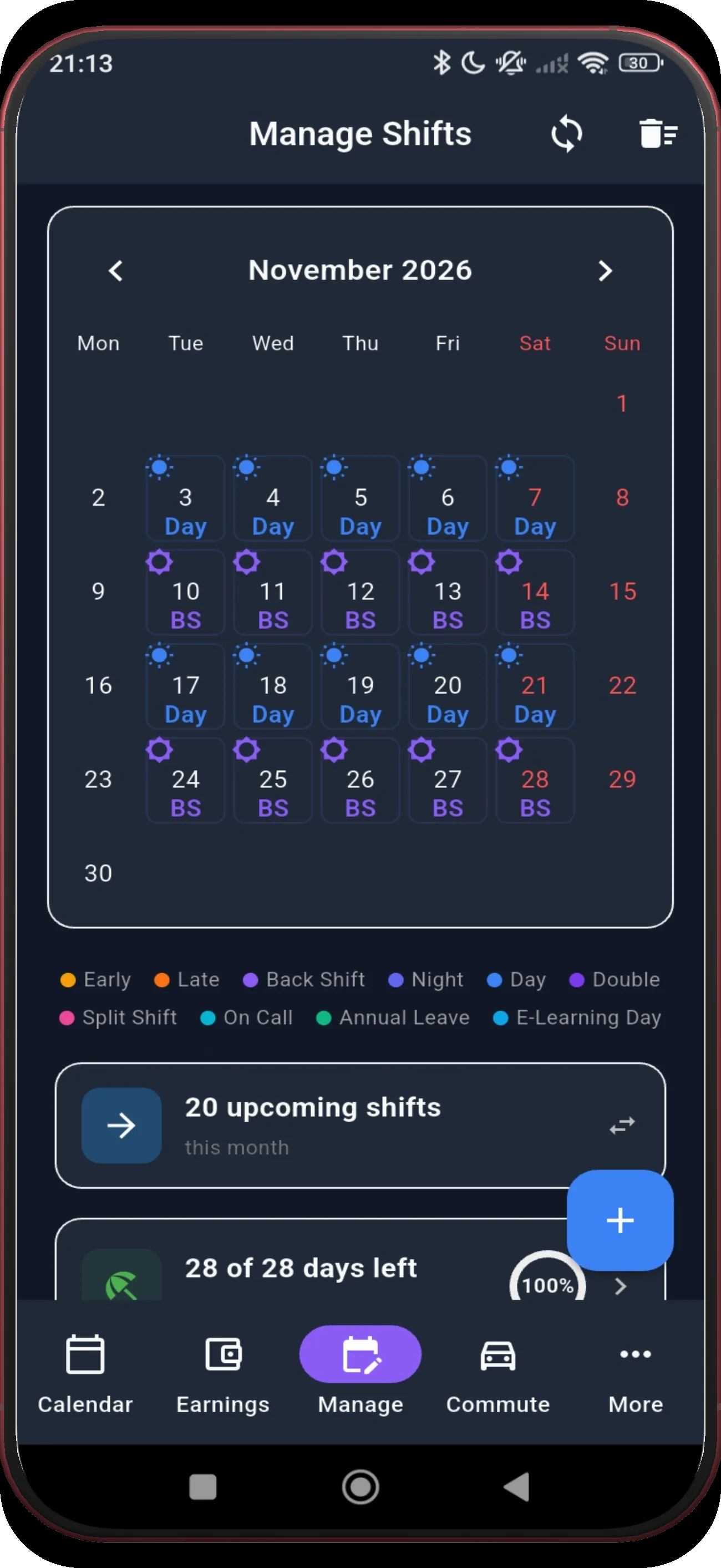 Manage Shifts showing the final populated month