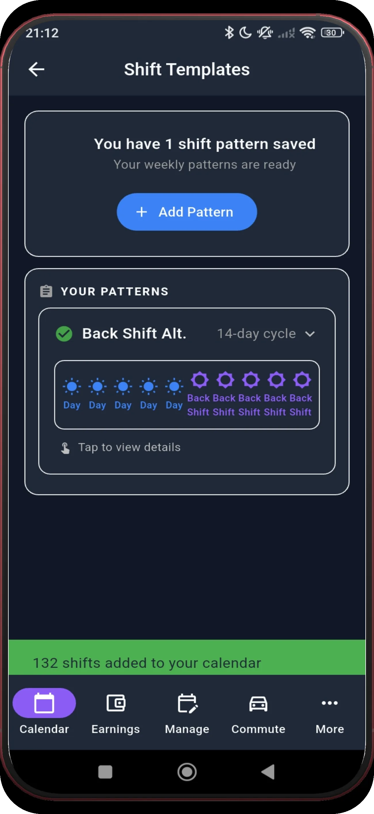 Shift Templates with the saved Back Shift Alternating card highlighted