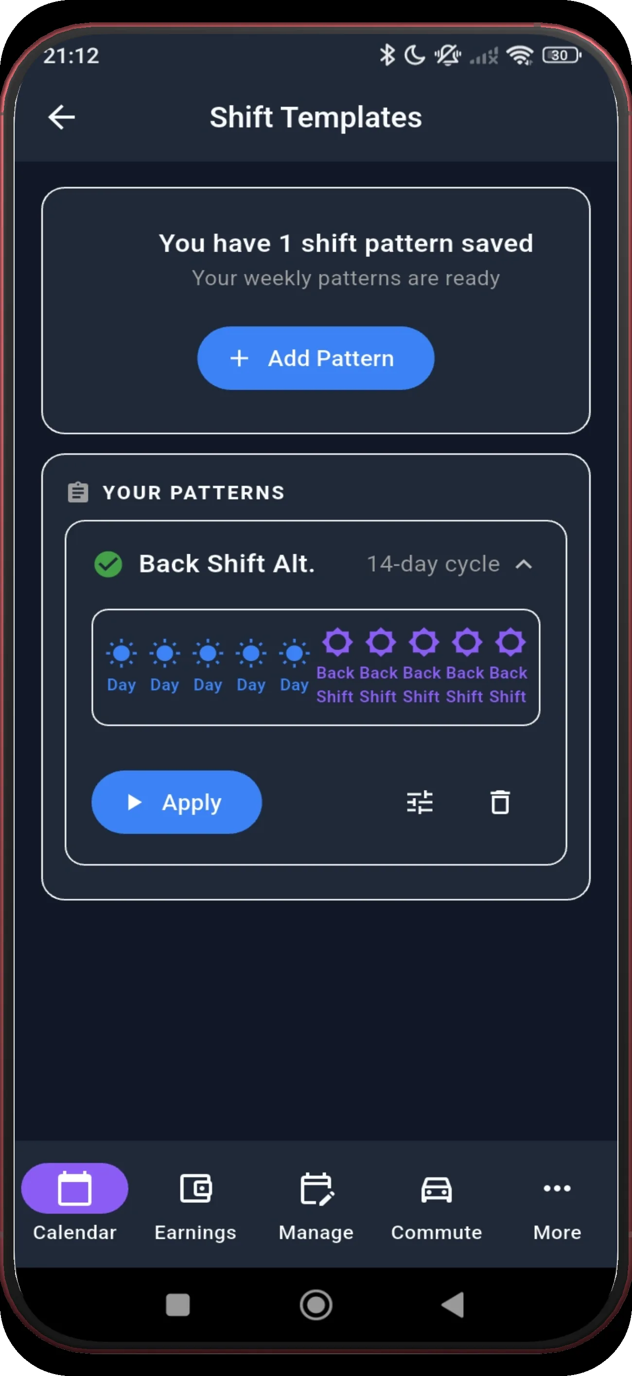 Expanded saved Back Shift Alternating card