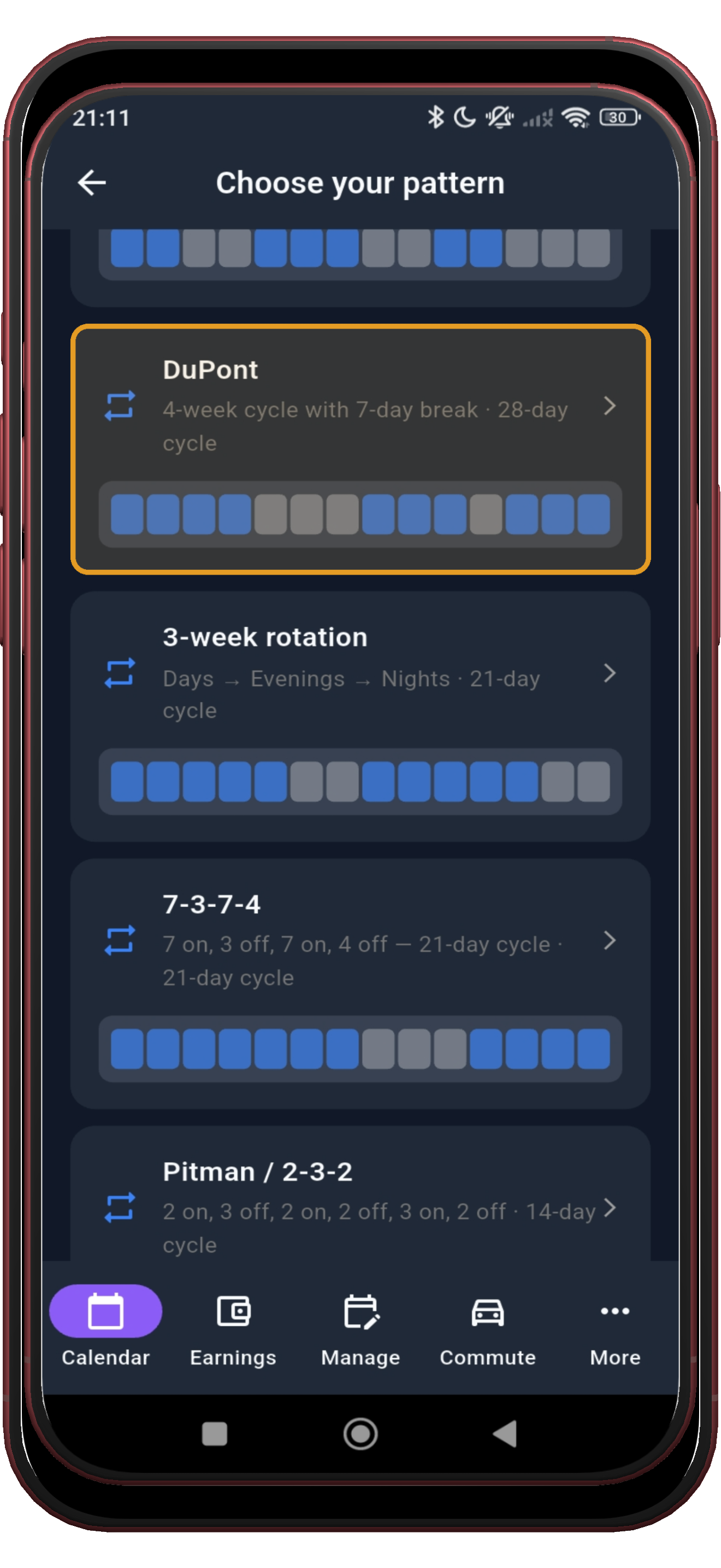 ShiftFlowr preset library with the DuPont schedule selected