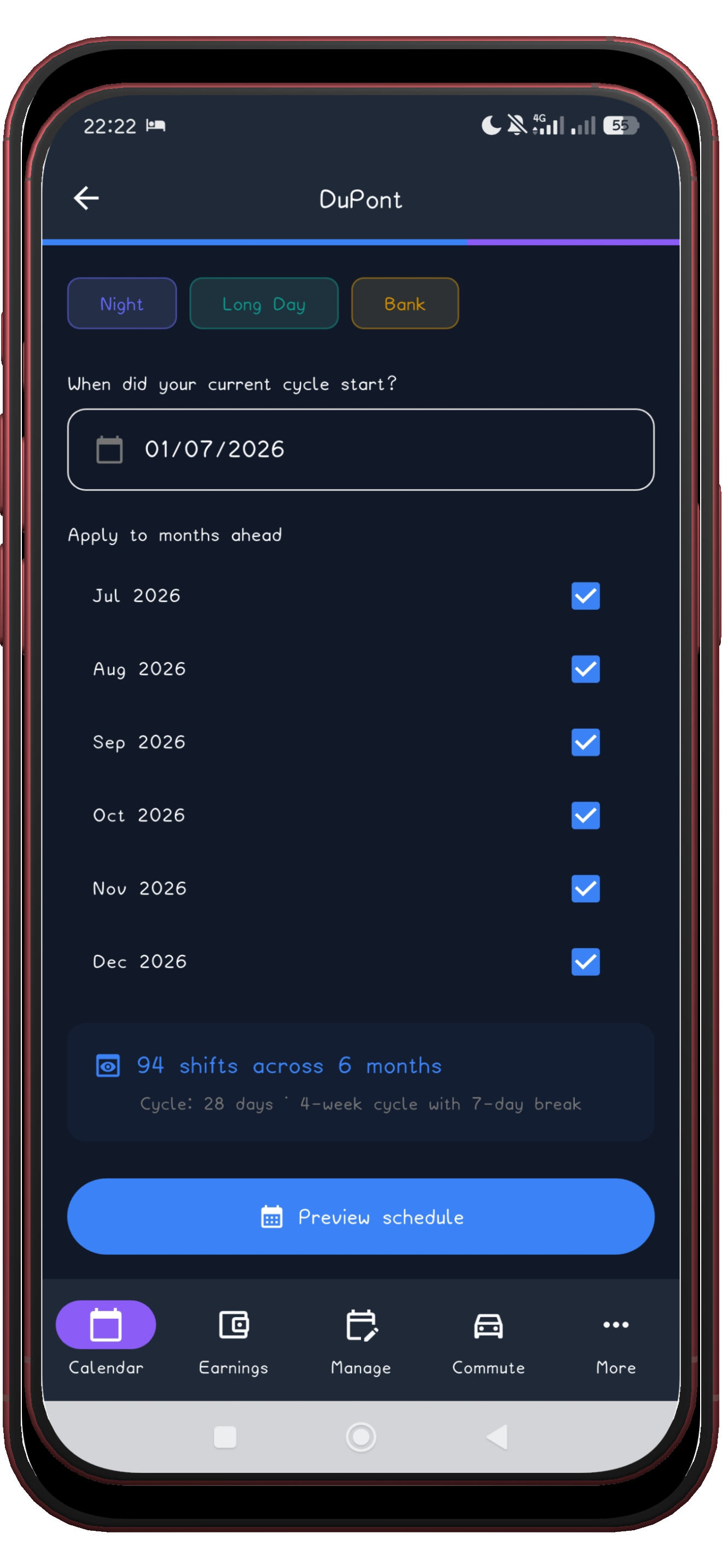 Configuring the DuPont pattern: shift type, times and anchor date with a cycle preview