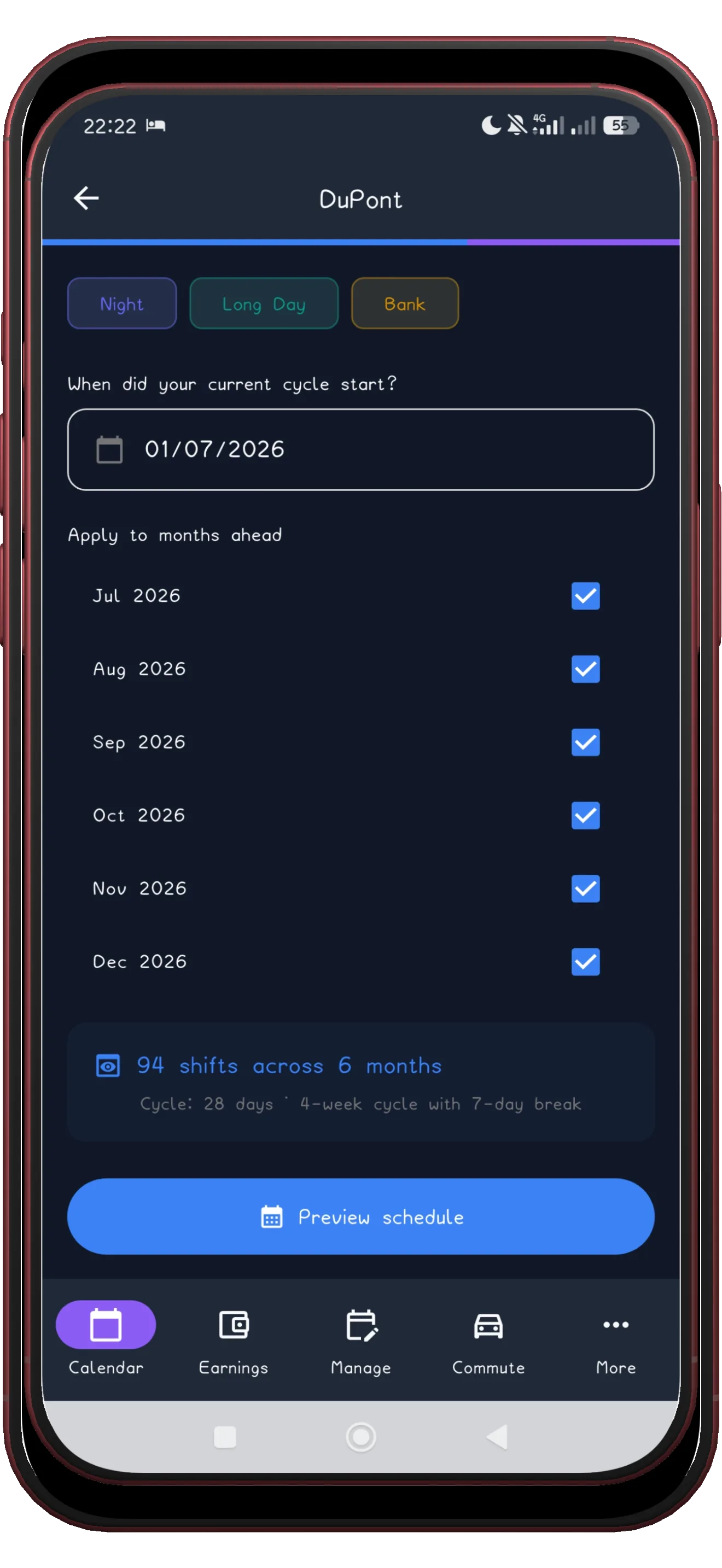 Configuring the DuPont pattern: shift type, times and anchor date with a cycle preview