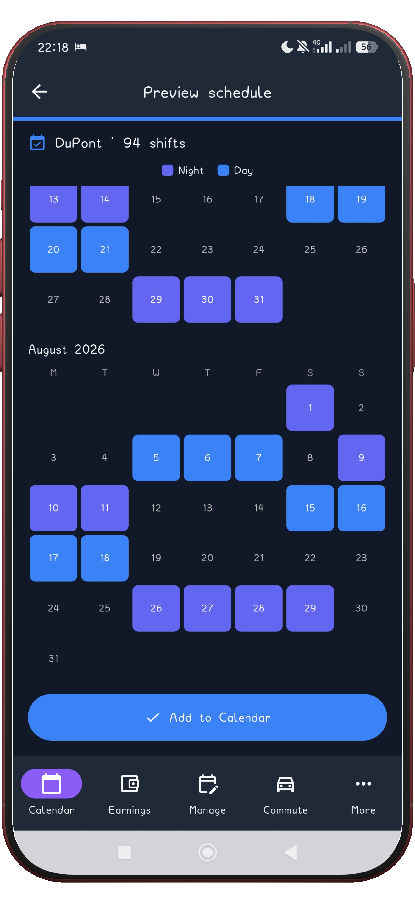 A month view filled with the applied DuPont shifts including the week off