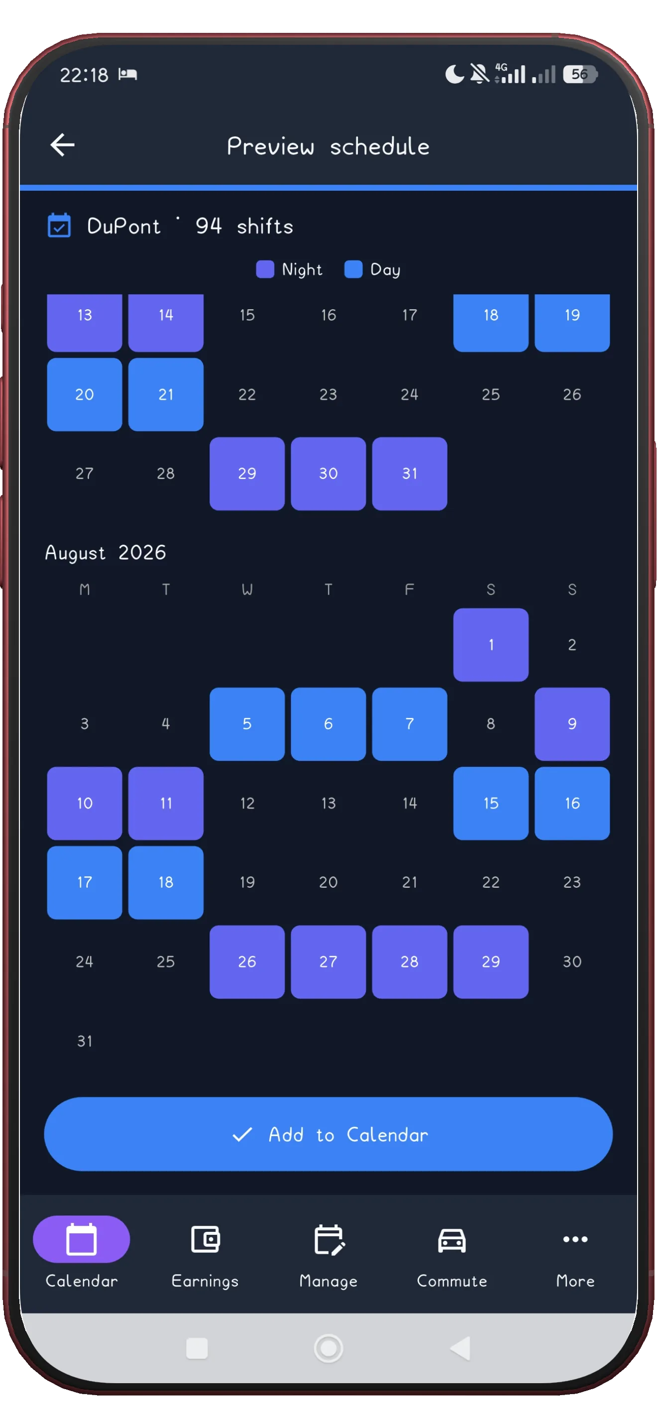 A month view filled with the applied DuPont shifts including the week off