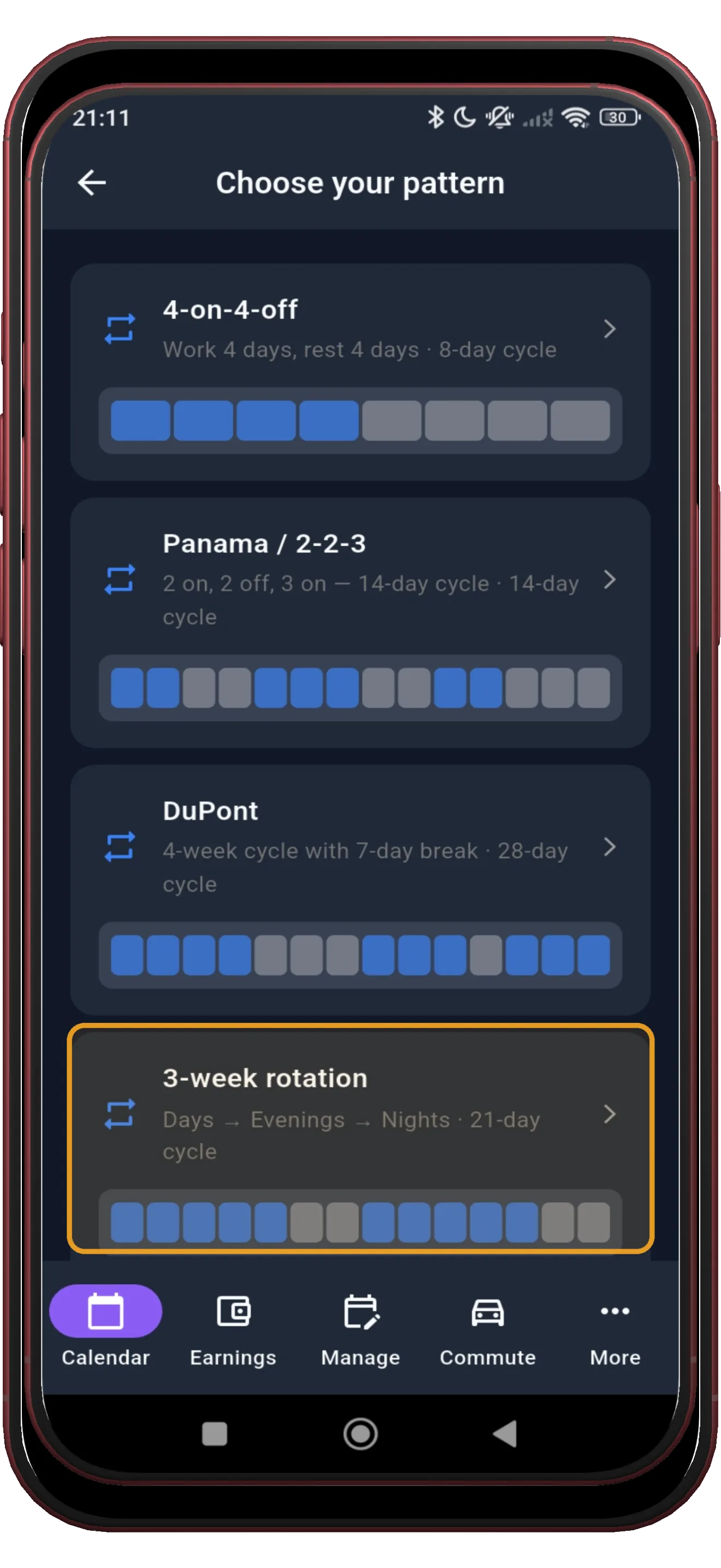 ShiftFlowr preset library with the NHS 3-week rotation selected