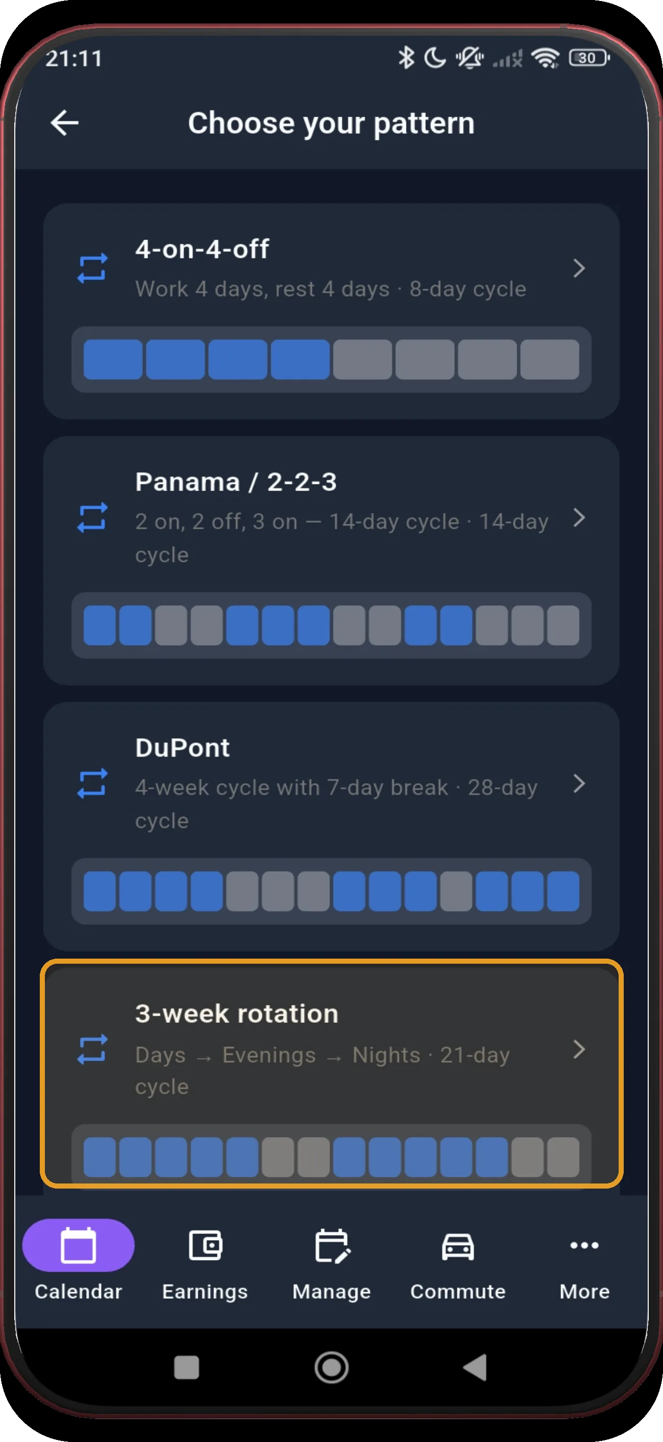 Pattern library with 3-week rotation highlighted